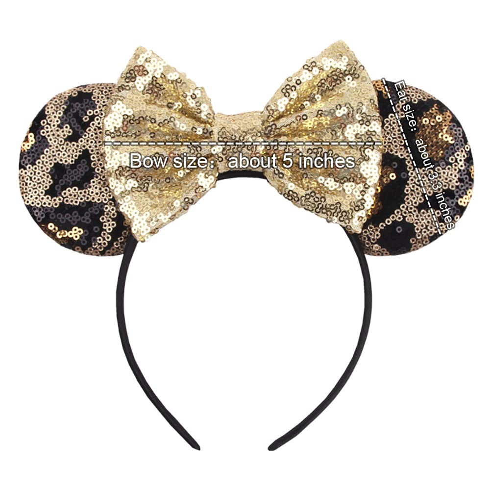 **Foeran Shiny Glitter Mouse Ears Headband with Bow - Leopard & Gold Princess Party Headpiece for Women & Girls | Costume Accessory for Cosplay, Disney Trips, Birthday Celebrations**