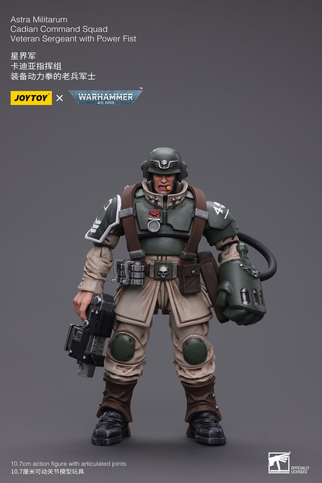 1/18 Scale JOYTOY 3.75-inch Warhammer 40K Astra Militarum Cadian Command Squad Veteran Sergeant Action Figure with Power Fist - Perfect for Collectors, Tabletop Gaming & Warhammer 40K Displays