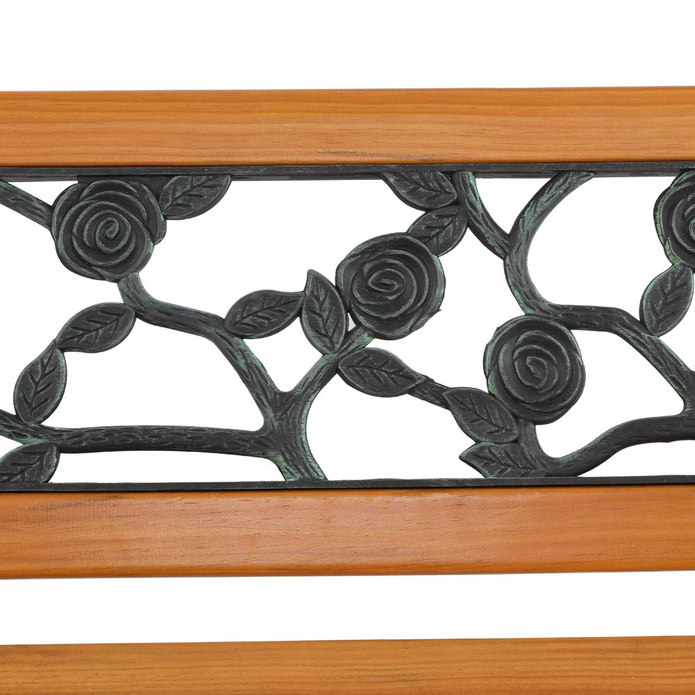 49-Inch Outdoor Garden Bench - Natural Hardwood Patio Park Bench with Bronze Cast Iron Frame & Rose Pattern - Rustic Elegant Porch, Deck, Backyard & Garden Seating Furniture for Relaxing & Outdoor Decor