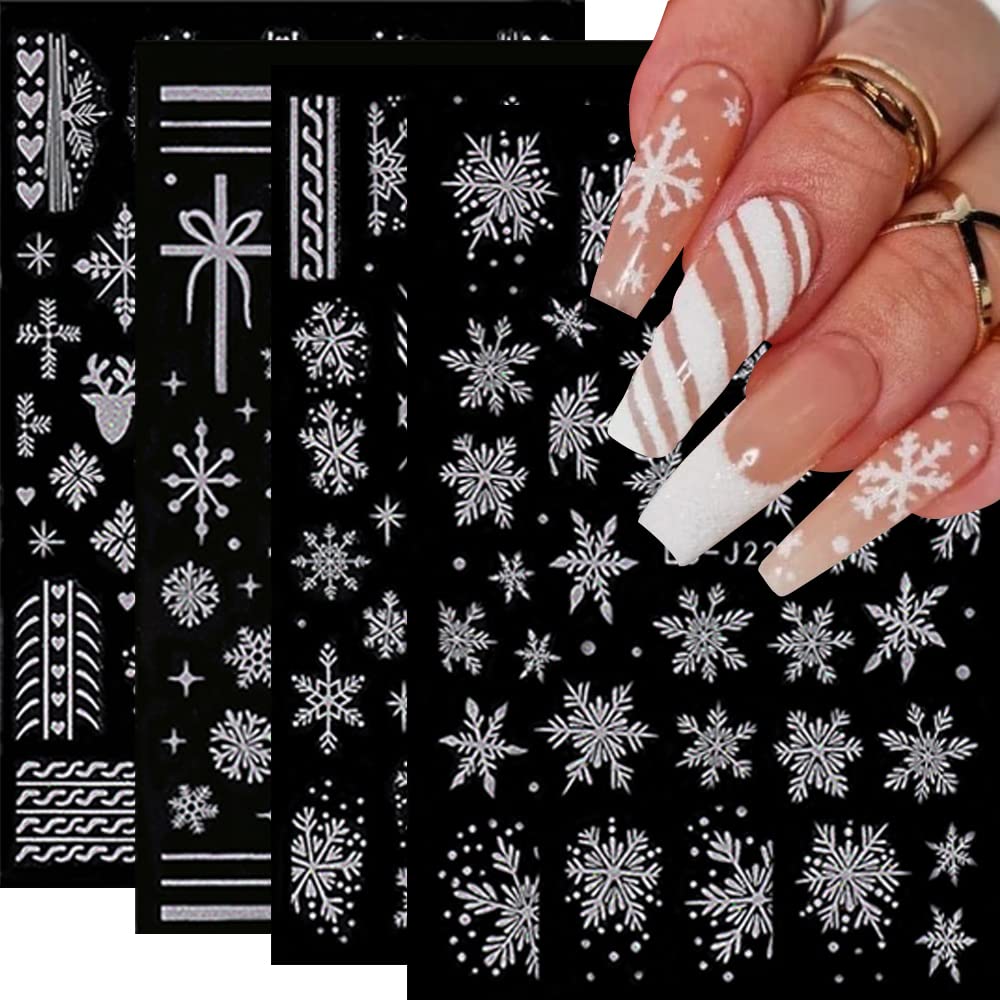 3D Snowflakes & Reindeer Christmas Nail Art Stickers - Winter Glitter Nail Decals for Women & Girls, Self-Adhesive DIY Nail Designs (4 Sheets) - Perfect for Holiday Parties, Gift Giving & Festive Nail Decorations