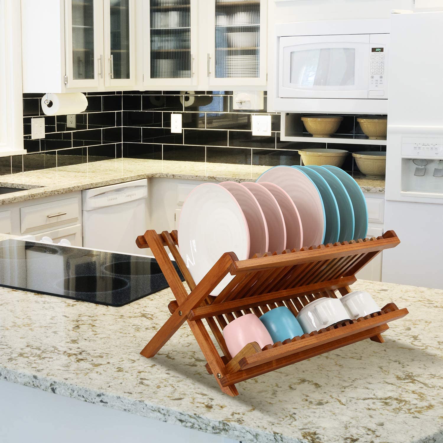 Utoplike Teak Dish Drainer Rack - 2 Tier Collapsible & Foldable Dish Drying Rack, Compact Plate Organizer Holder for Kitchen - Perfect for Small Spaces, Countertop Storage & Dish Drying
