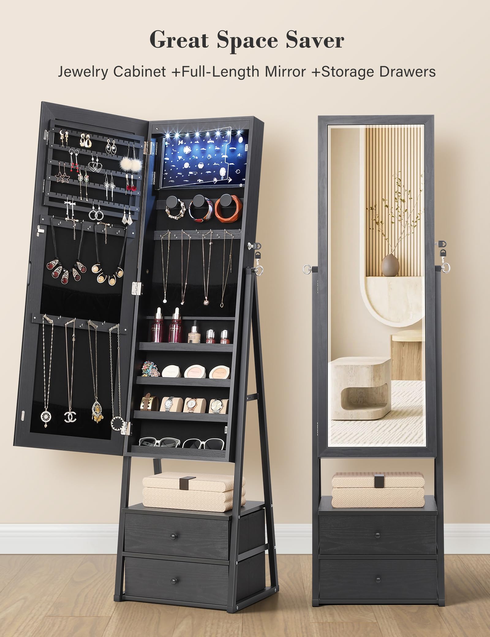 Nicetree LED Mirror Jewelry Cabinet - Lockable Standing Armoire with 2 Drawers & Full Length Mirror, Jewelry Storage Organizer for Bedroom (Black) | Perfect Christmas Gift for Women, Home Decor & Vanity Setup