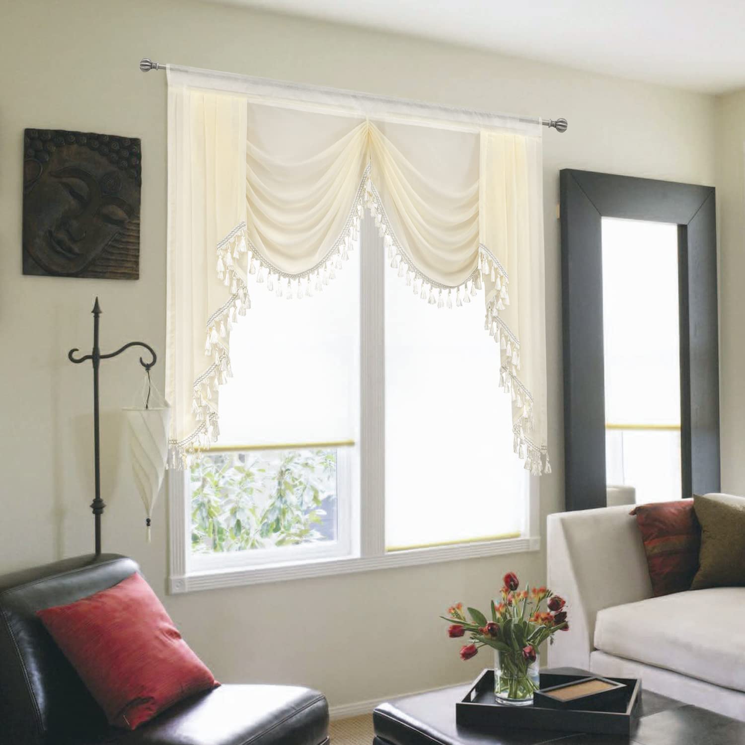 Sheer Waterfall Window Valance Curtains - Elegant Tassel Swag Topper for Kitchen & Living Room, Rod Pocket Design, 59 Inches Wide, Off-White - Perfect for Bay Windows, French Doors & Home Decor