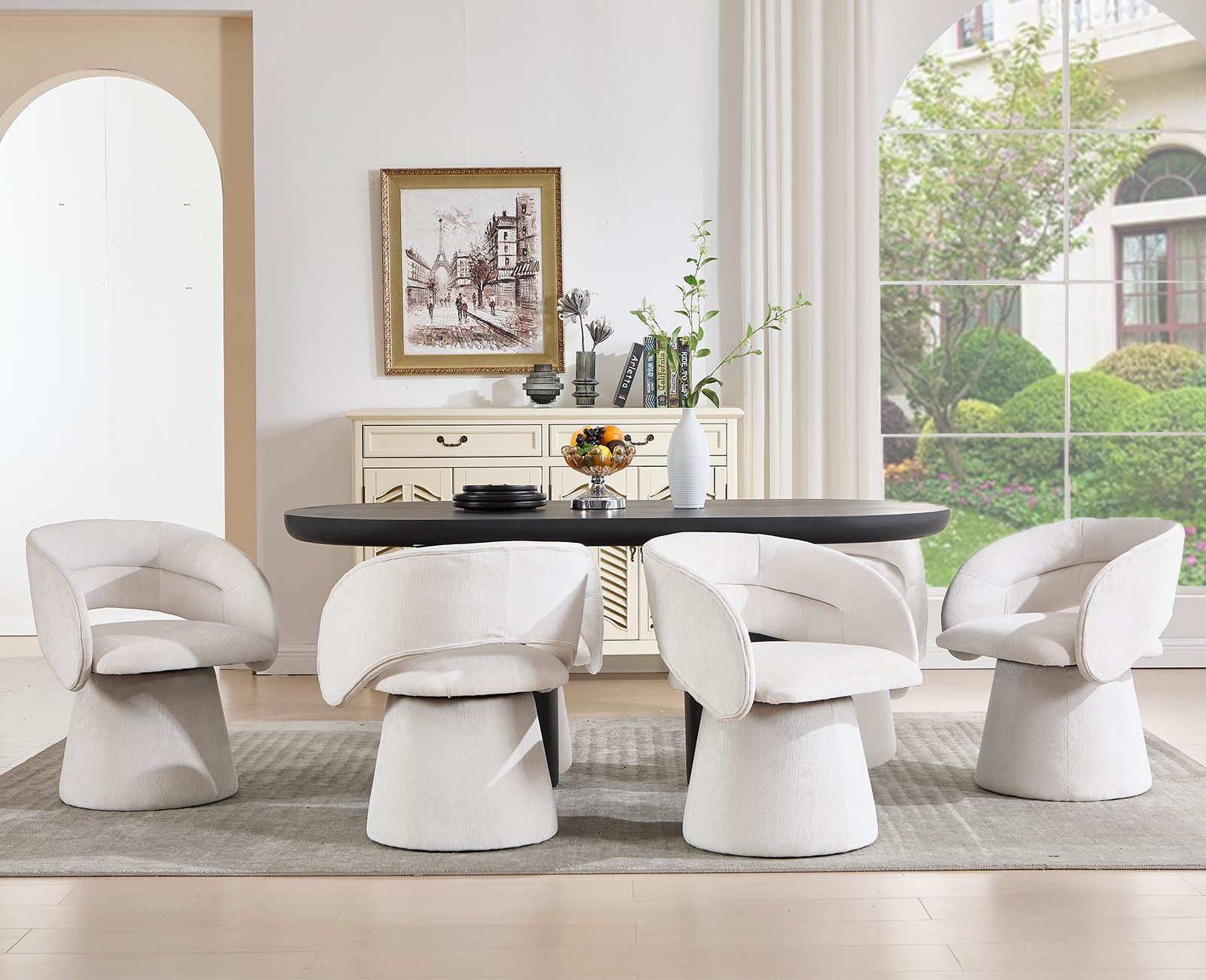 Guyou Modern Swivel Barrel Dining Chairs Set of 4 - Upholstered Accent Chairs with Hollow Barrel Back, White Chenille Fabric for Dining Room, Living Room, Bedroom & Vanity | Perfect for Home Decor, Entertaining Guests & Cozy Seating