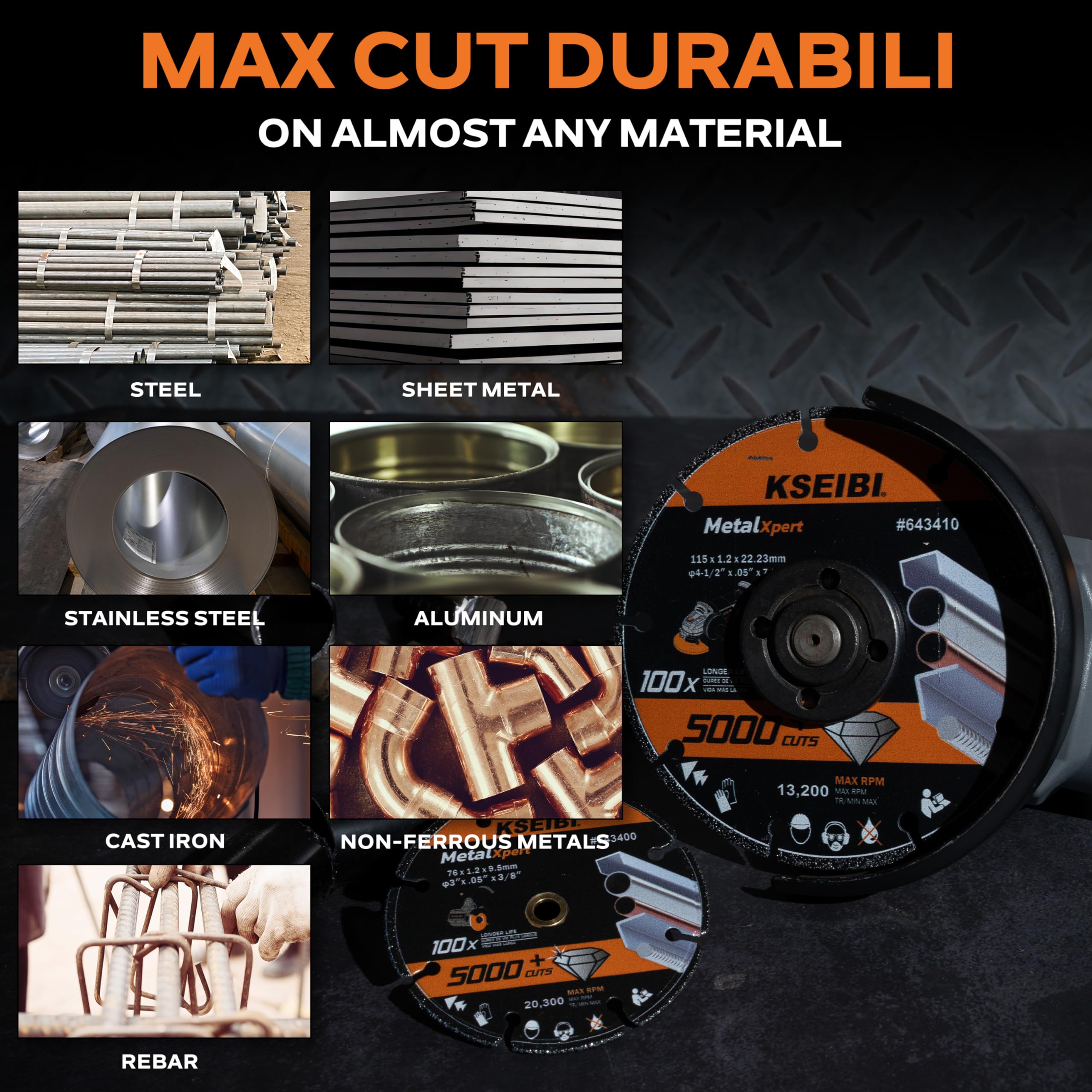 KSEIBI 643410 4.5 Inch Diamond Cutting Wheel - 4-1/2 x 7/8 Inch Metal Cutting Disc for Angle Grinder - Premium Cut Off Blade for Steel, Rebar, Cast Iron, Aluminum & Non-Ferrous Metals - Durable 5000+ Cuts Guaranteed - Perfect for Metal Fabrication, Construction & DIY Projects