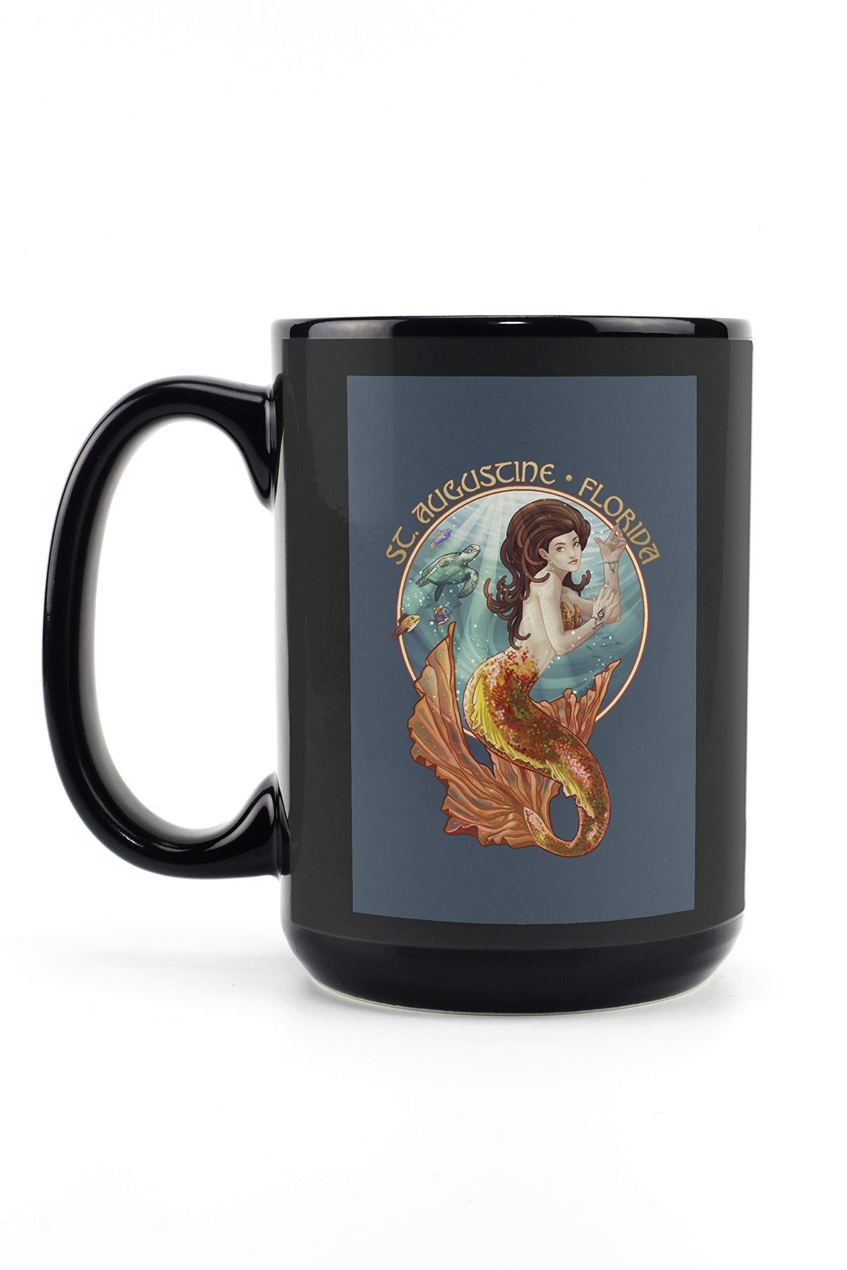 Lantern Press St. Augustine Florida Mermaid Contour Mug - 15oz Black Ceramic Coffee & Tea Cup | Dishwasher & Microwave Safe | Perfect for Home, Office & Gift Giving