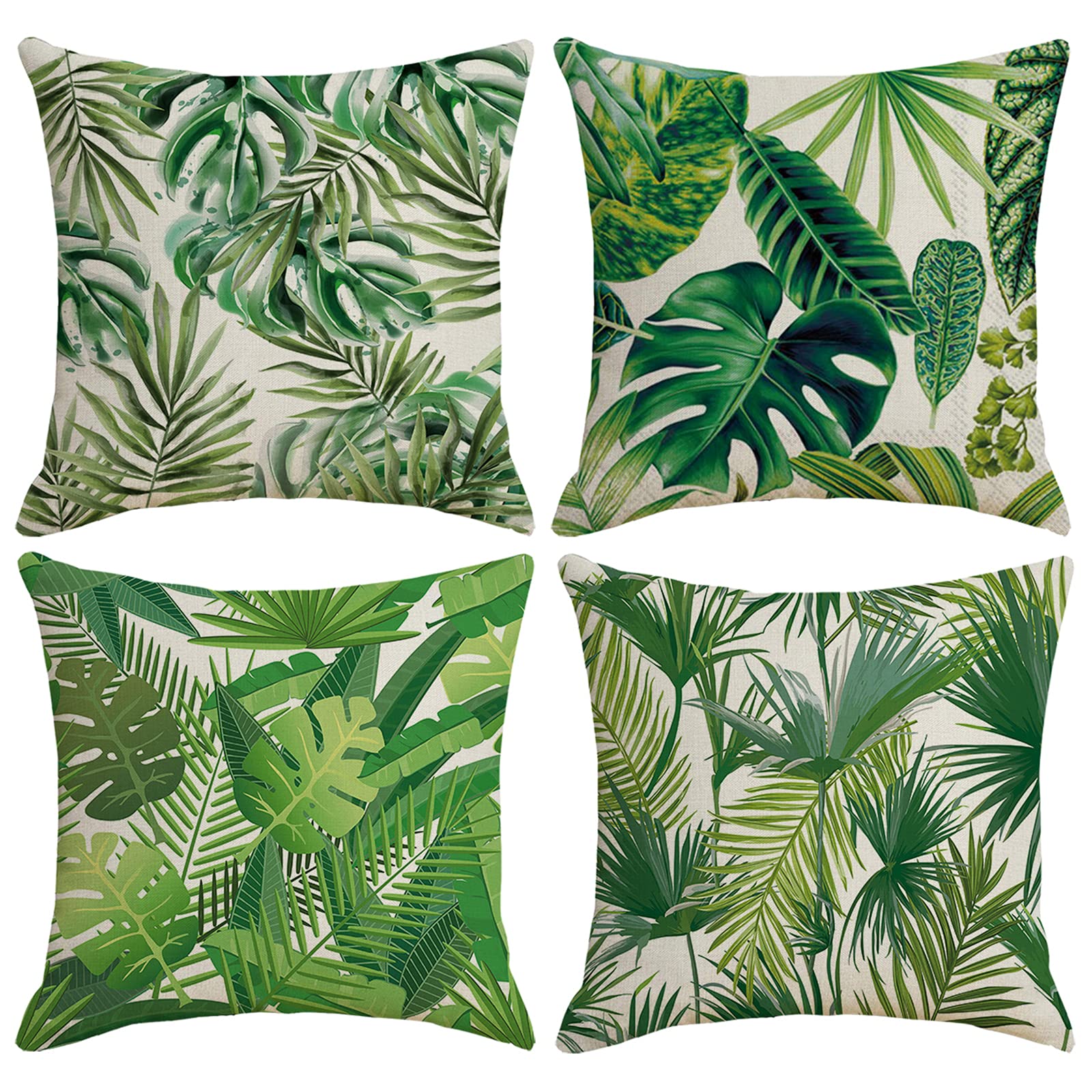 WODISON Set of 4 Decorative 18x18 Inch Linen Pillow Covers - Green Plant Pattern Throw Pillow Cases for Sofa, Bed, Outdoor Patio (Covers Only) | Spring Summer Home Decor