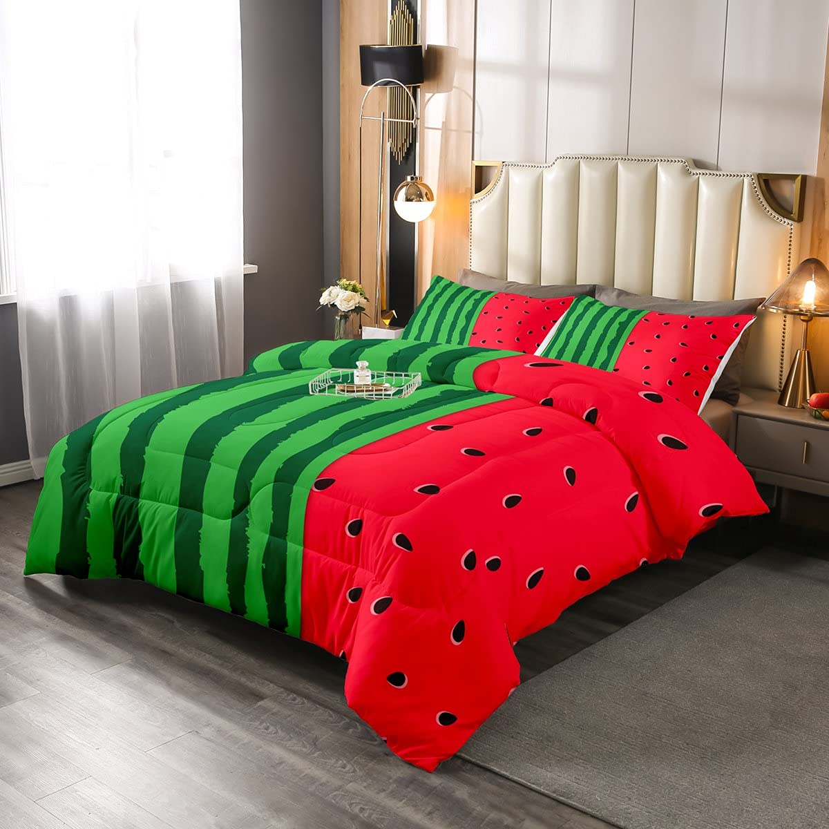 Watermelon Comforter Set - Twin Size Red & Green Striped Duvet Cover with Pillowcase | Summer Fruit Themed Bedding for All Seasons | Perfect for Kids Rooms, Dorm Decor & Tropical Themed Bedrooms