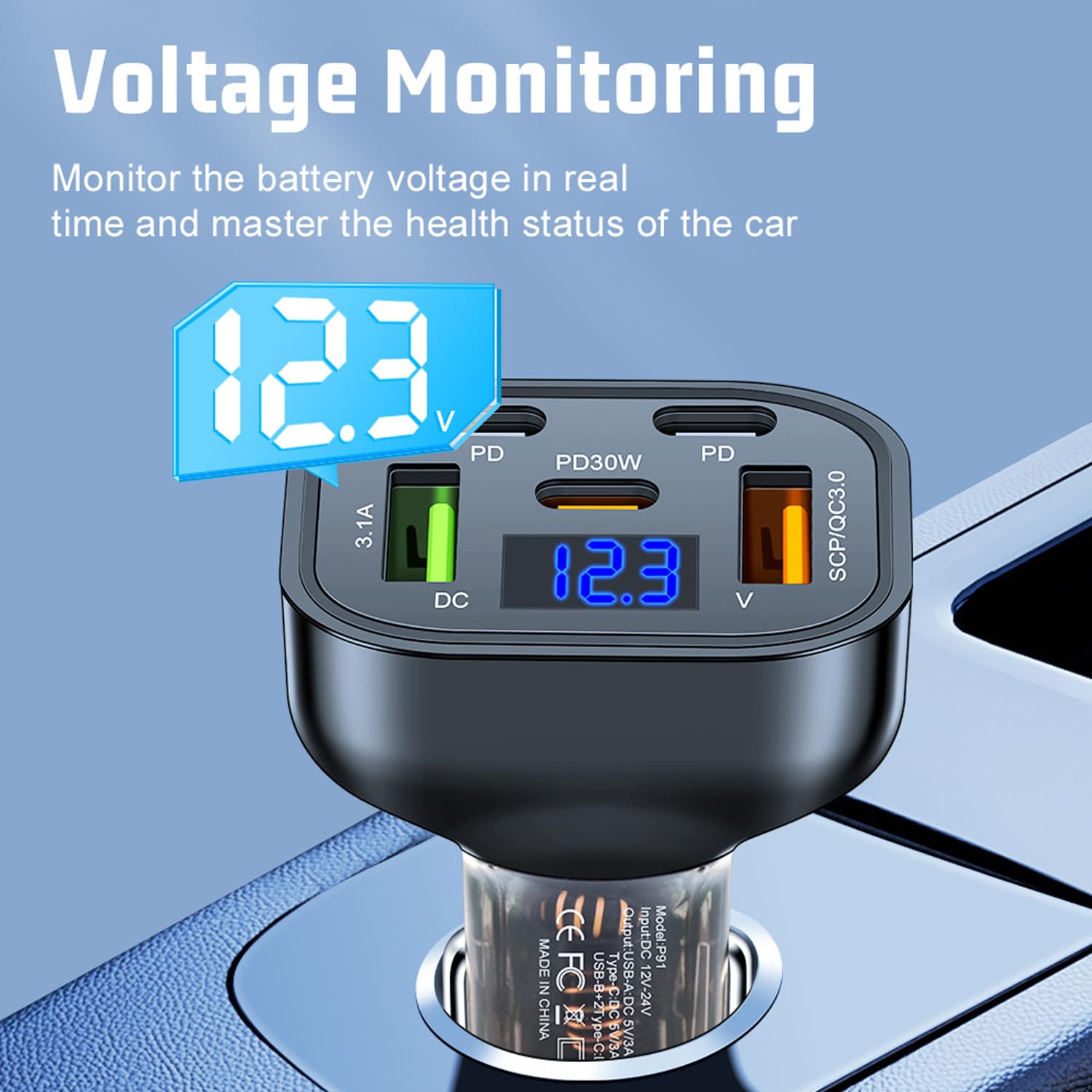 5-Port 30W PD Fast Car Charger with LED Display - QC3.0 USB C Multi Port Cigarette Lighter Adapter for iPhone 16/15/14/13/12/11 Pro Max Plus & Samsung Galaxy S24/S23 - Perfect for Road Trips, Commuting & Multi-Device Charging On-The-Go