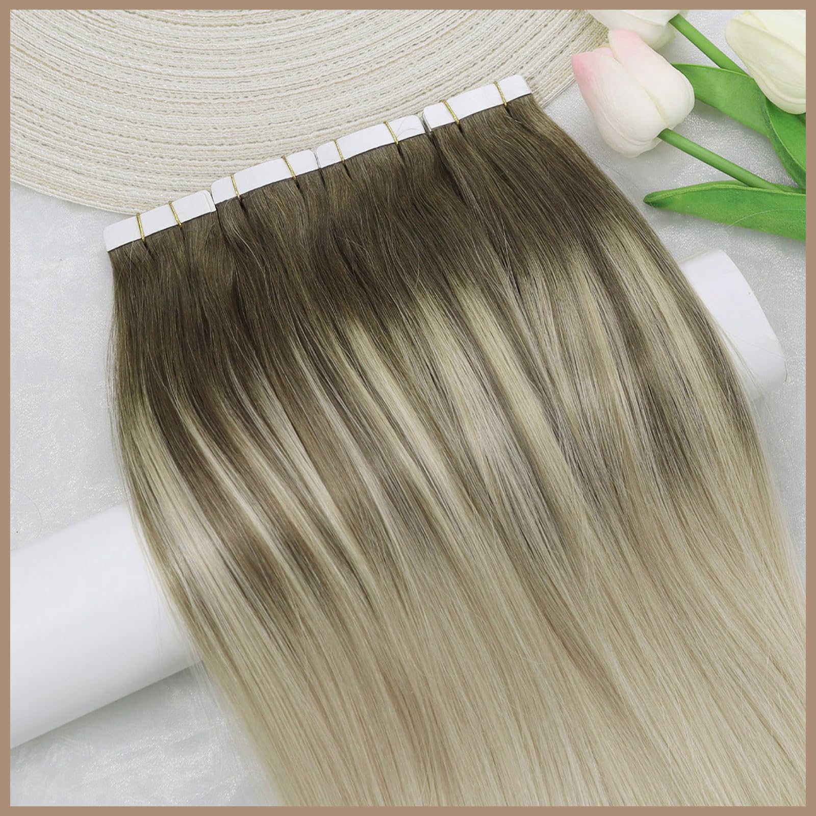 Ve Sunny 20pcs 50g 14in Ombre Human Hair Tape-in Extensions - Light Brown to Platinum Blonde - Invisible Seamless Hair Extensions for Natural Volume & Length - Perfect for Parties, Weddings & Daily Styling