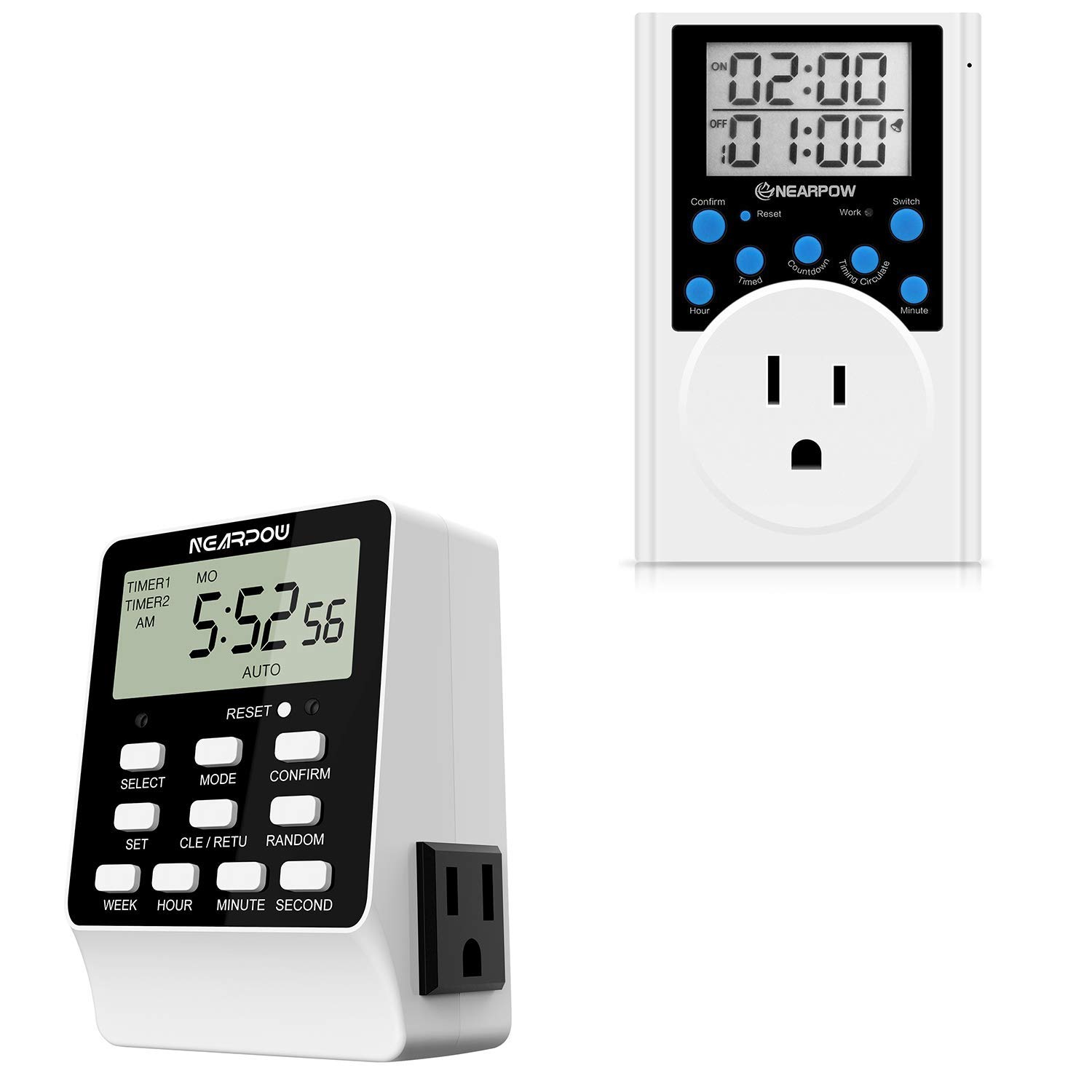 NEARPOW Dual Digital Outlet Timer with 2 Independent Controls - 15A/1800W Heavy Duty Electrical Timer Switch (3 Prong) - 24-Hour & 7-Day Programmable for Indoor Use - Perfect for Holiday Lights, Aquariums, Grow Lights & Home Automation