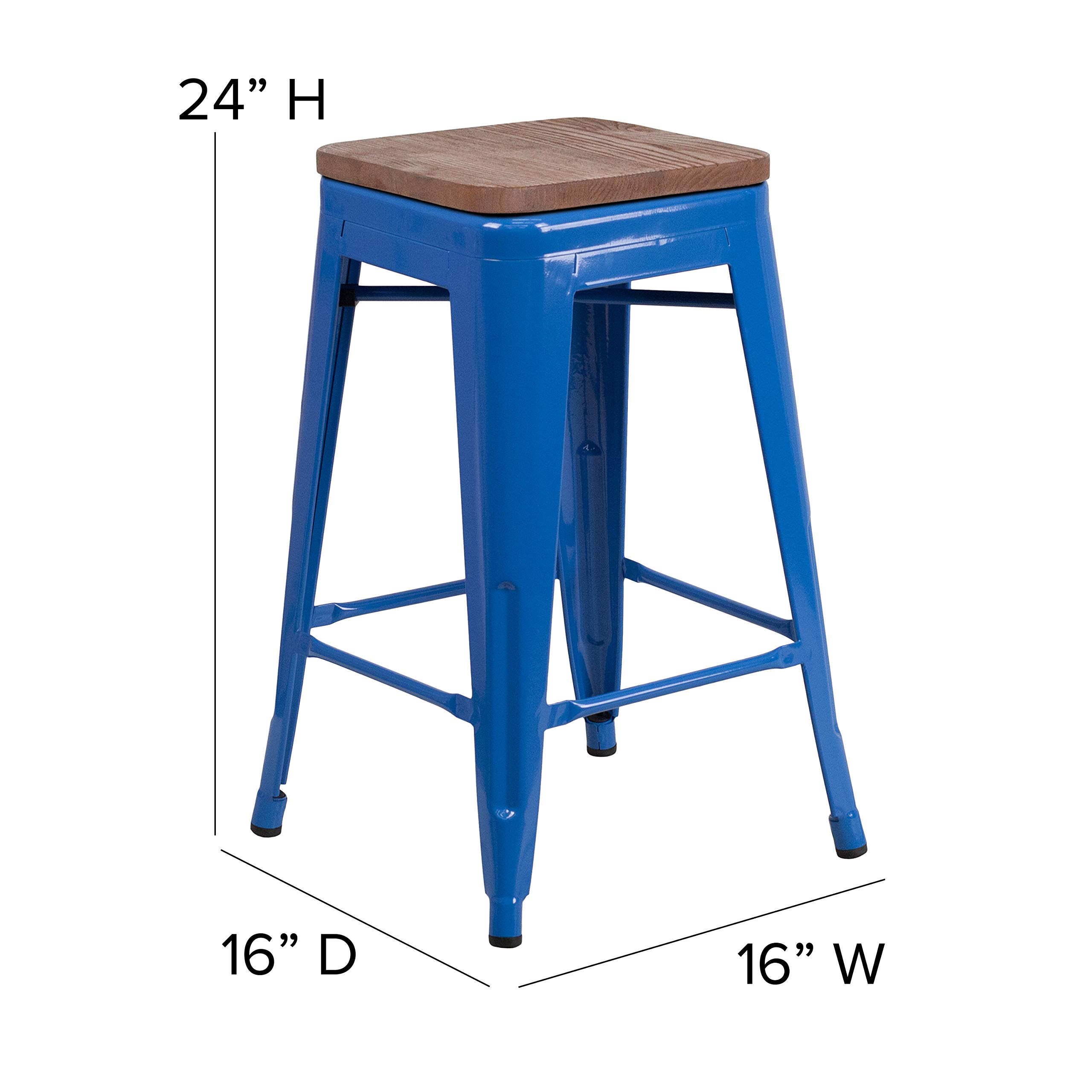 EMMA & OLIVER 24 Inch Blue Metal Counter Height Bar Stool - Backless Wood Seat Barstool for Kitchen Island, Breakfast Nook & Home Decor