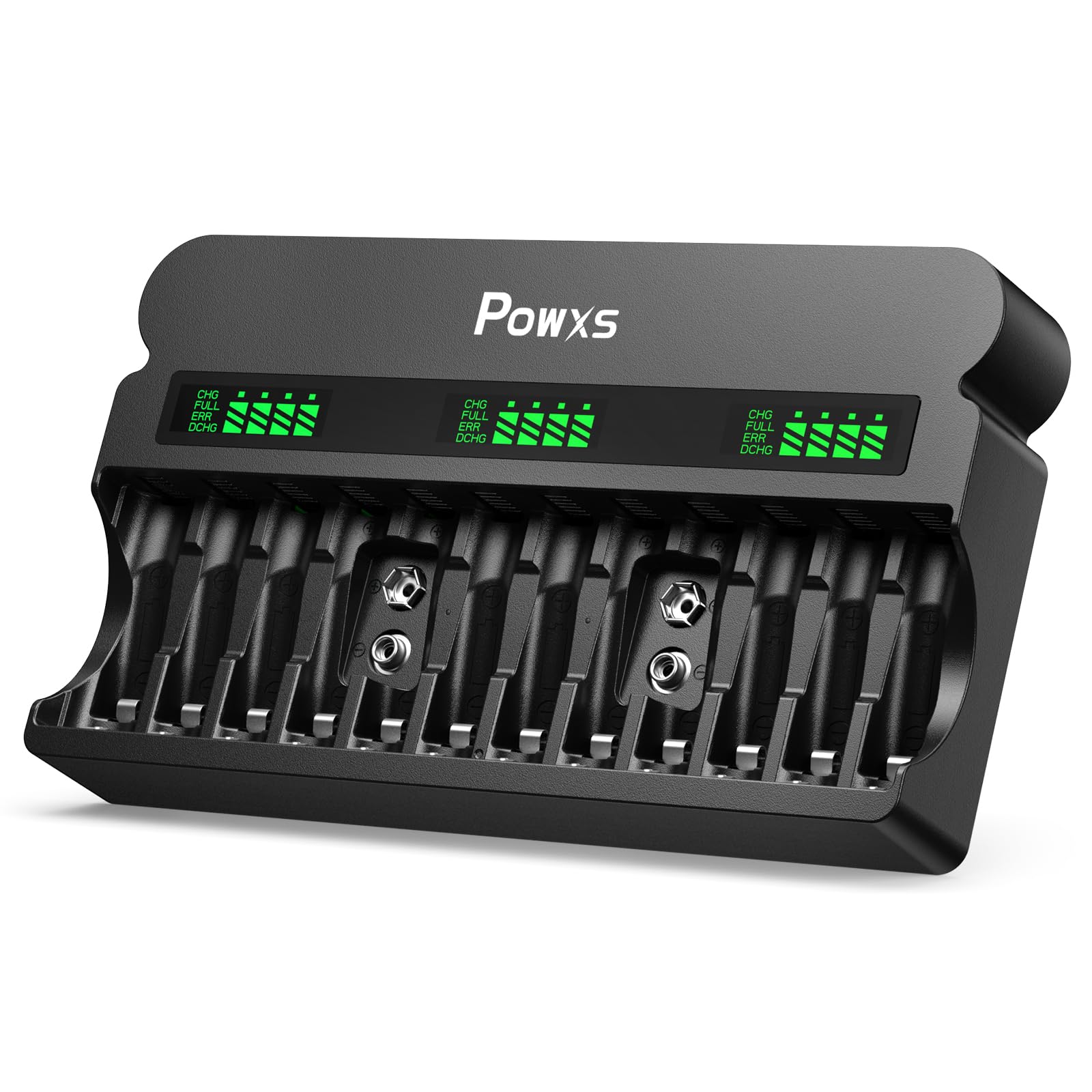 POWXS 12 Bay Rechargeable Battery Charger for AA AAA 9V Ni-MH Ni-CD Batteries - 1800mA High-Speed Charging with AC Cable - Perfect for Cameras, Toys, Flashlights & Home Electronics