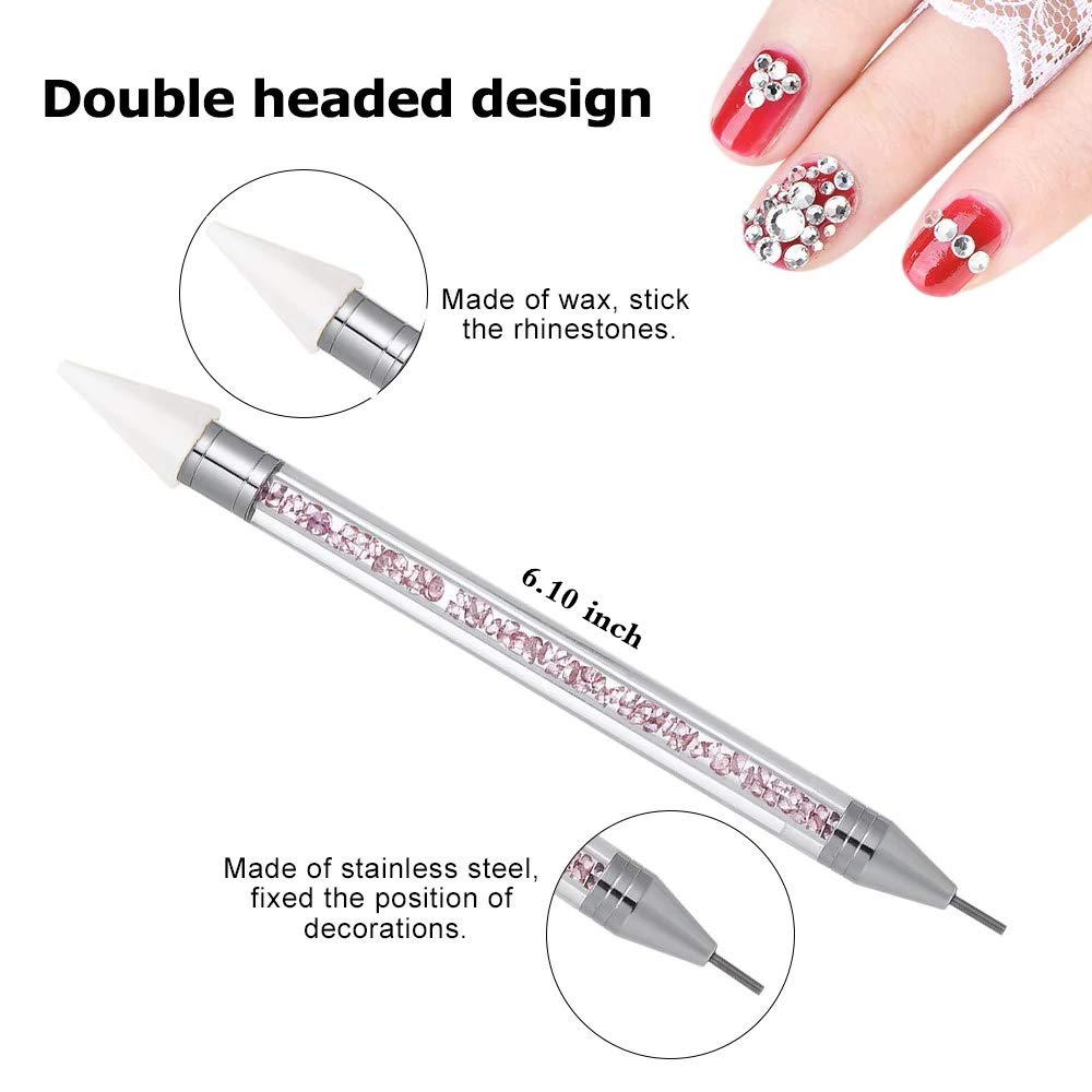 Dual-ended Nail Art Dotting Tool with Rhinestone Picker & 2 Extra Wax Heads - Pink Acrylic Handle for Professional & DIY Nail Designs - Perfect for Salon, Home Manicure & Nail Art Enthusiasts