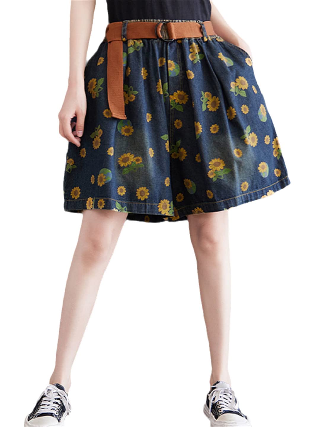 Women's High Waist Floral Print Denim Shorts - Stretchy Elastic Waistband for Comfort | Perfect for Summer Outfits, Beach Vacations & Casual Wear