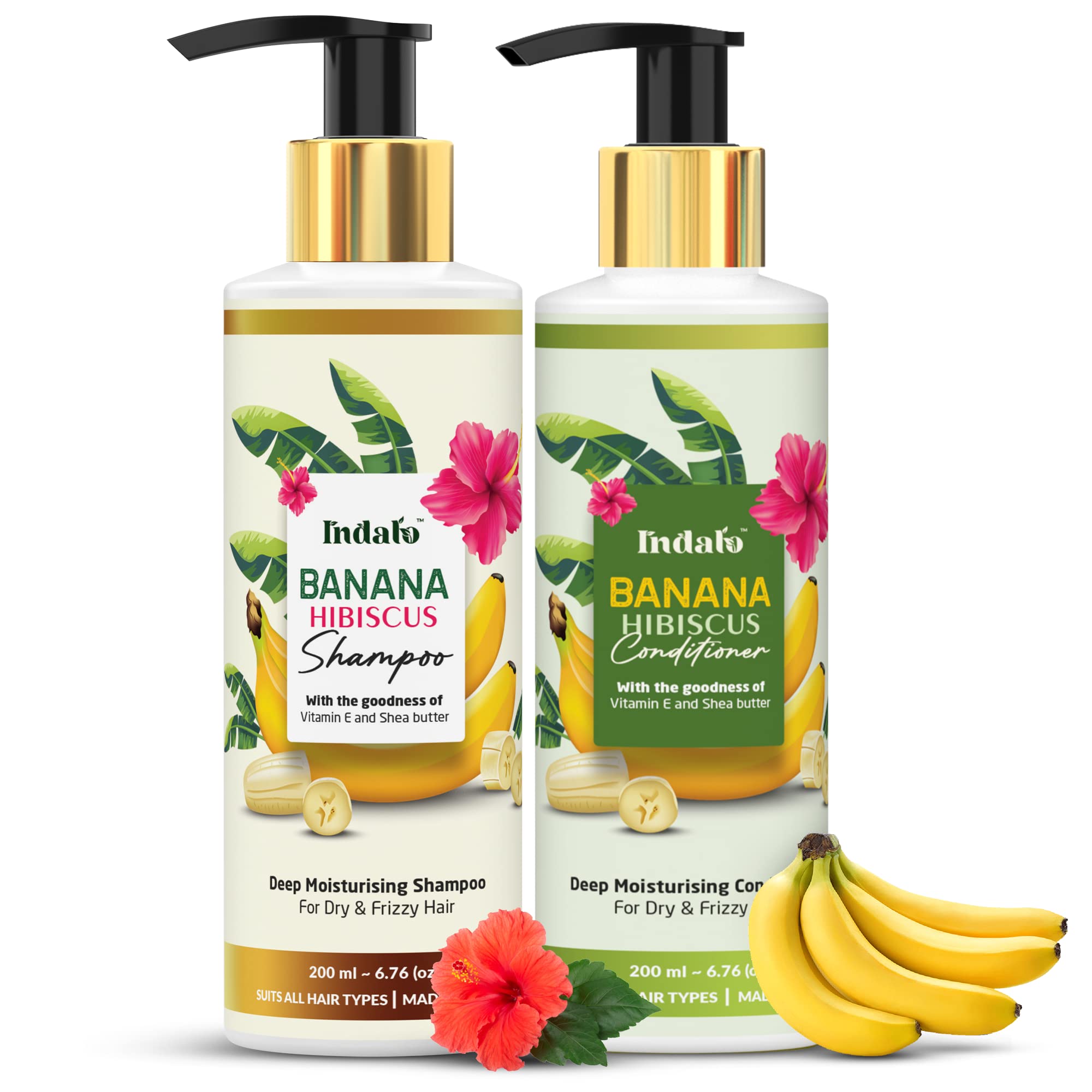 Indalo Banana Hibiscus Moisturizing Shampoo & Conditioner Set (200ml x 2) with Vitamin E & Shea Butter - Sulfate & Paraben Free Hair Care for Dry, Frizzy Hair - UV Protection for Men & Women - Perfect for Daily Hydration & Sun-Damaged Hair Repair