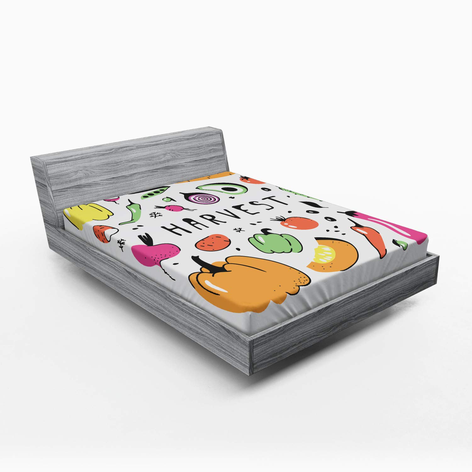 Ambesonne Harvest Fitted Sheet - Pumpkin Pepper Carrot Onion Eggplant Potato Radish Avocado Print - All-Round Elastic Deep Pocket Queen Size Bed Cover - Perfect for Fall Decor, Farmhouse Style Bedrooms & Cozy Seasonal Home Decor