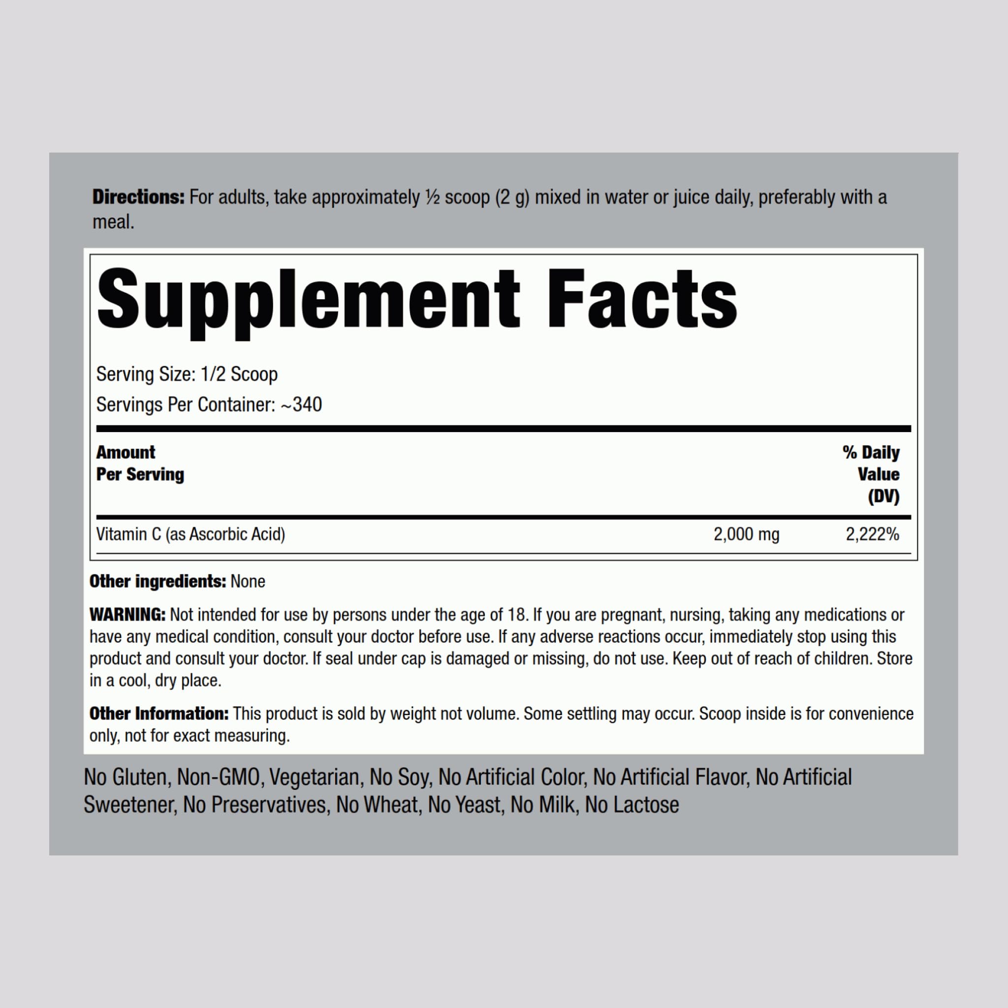 Piping Rock Vitamin C Powder 24 oz | 2000mg Ascorbic Acid | Water Soluble Crystals | Vegetarian, Non-GMO, Gluten Free Dietary Supplement | Immune Support & Skin Health | Perfect for Smoothies & Wellness Drinks