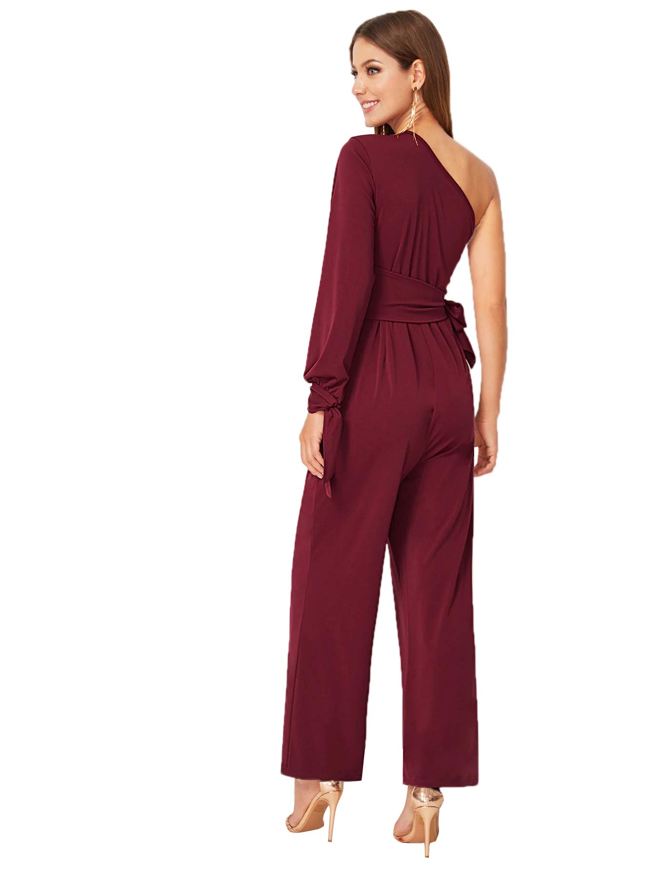 SweatyRocks Women's One Shoulder Tie Waist Wide Leg Jumpsuit - Elegant Long Romper for Summer Beach, Party & Casual Outfits