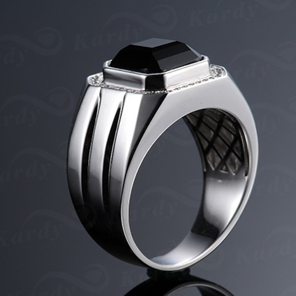 Men's Natural Black Agate & Cubic Zirconia 925 Silver White Gold Plated Engagement Ring Set - Promise Band for Wedding, Anniversary & Special Occasions
