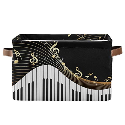 SEULIFE Foldable Storage Basket with Piano Keys Design - Large Collapsible Organizer Bin for Toys, Bathroom, Nursery & Closet - Gold Music Notes Pattern with Handles - Perfect for Home Organization & Kids Room Storage (1 Pack)