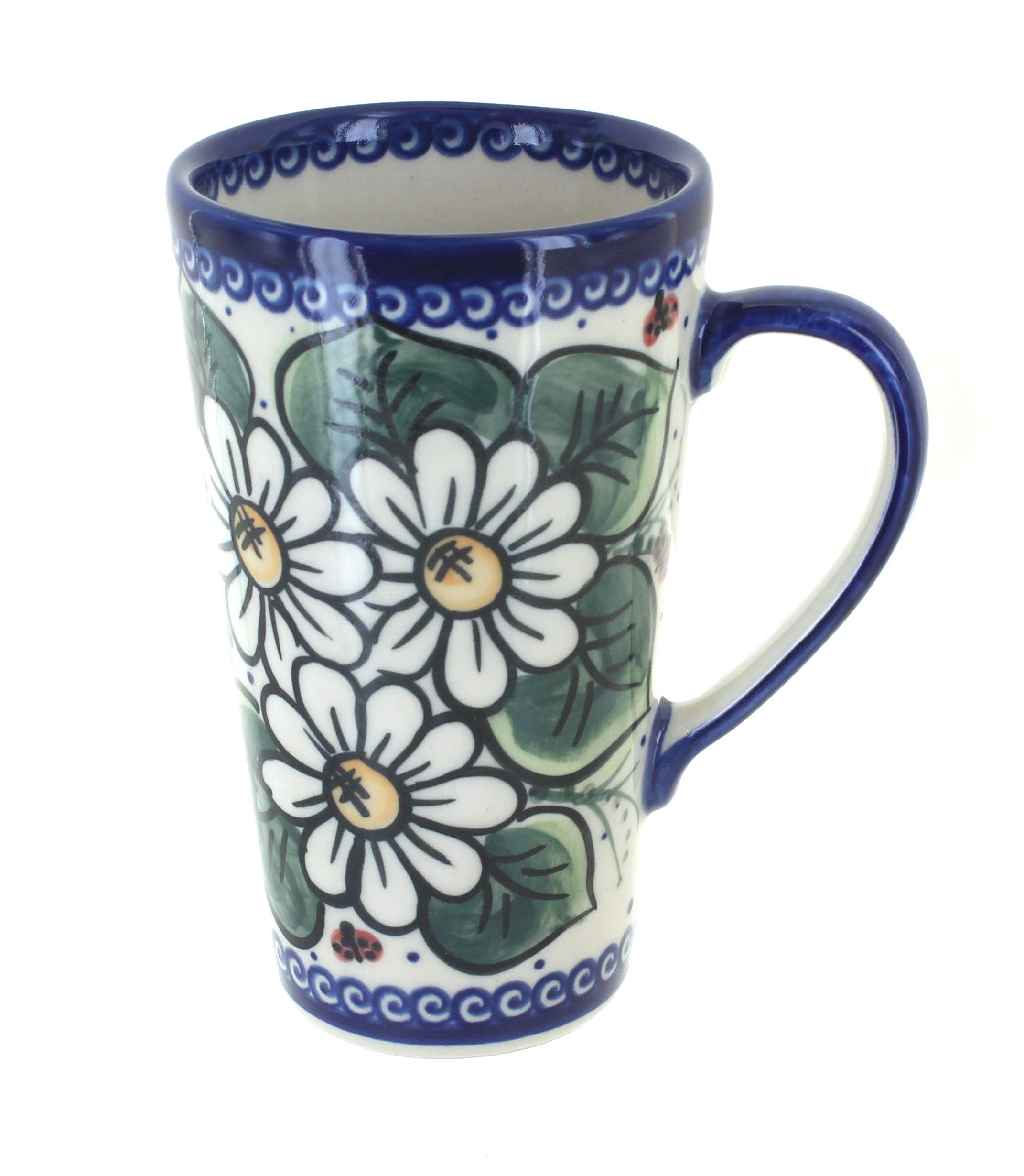 Handmade Blue Rose Polish Pottery Ladybug Coffee Mug - 16oz Large Ceramic Cup for Tea & Coffee - Perfect for Home, Office & Gifts