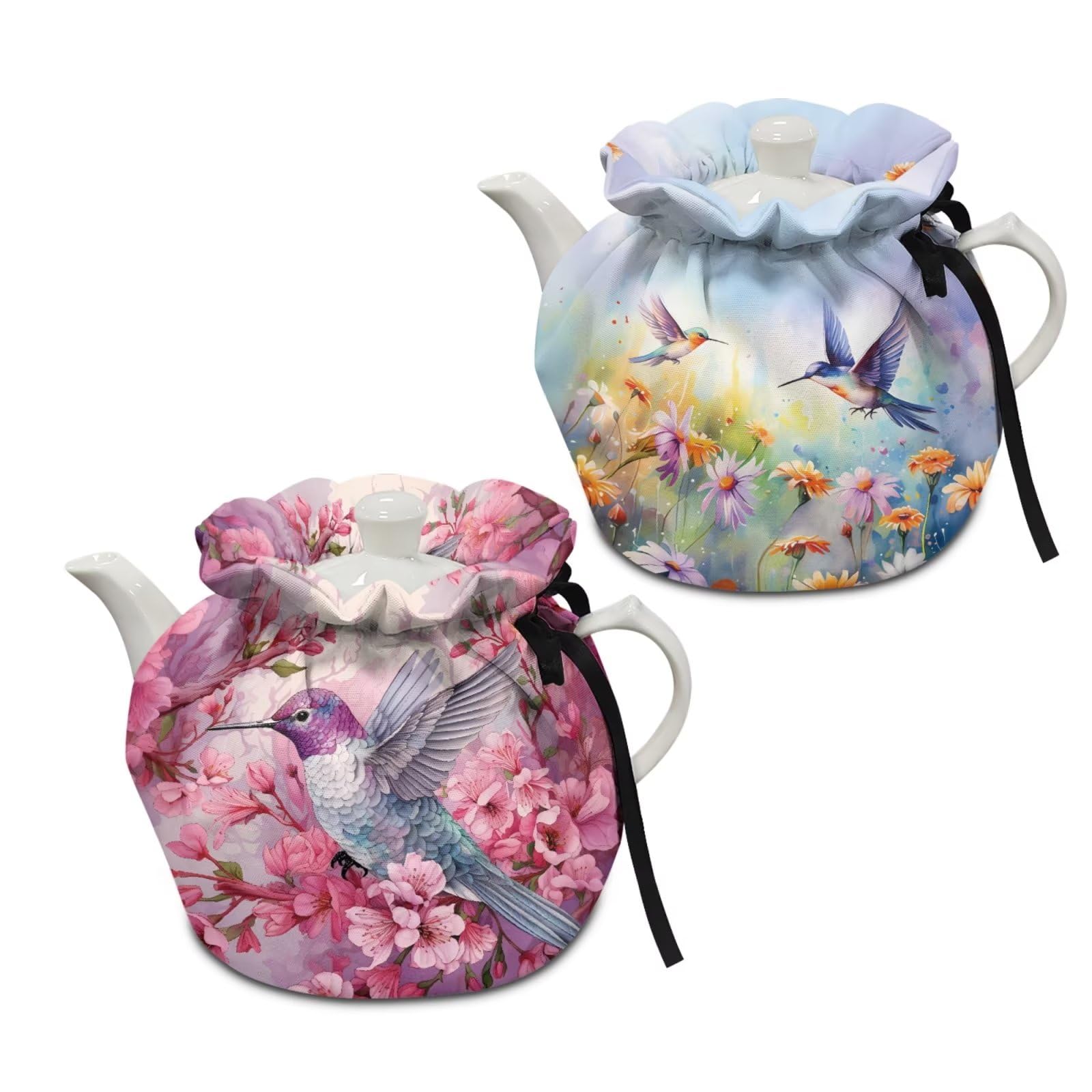 Hummingbird Teapot Cozy Set of 2 - Cherry Blossom Floral Tea Cosy for Small Teapots, Washable & Heat-Resistant Dust Cover - Perfect for Afternoon Tea, Tea Parties & Kitchen Decor