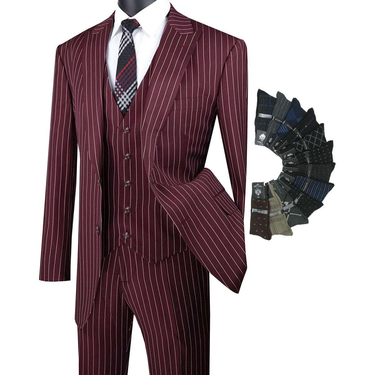 Stylish Men's 3-Piece Gangster Striped Single Breasted Suit Set with Matching Socks - Perfect for Weddings, Parties & Formal Events