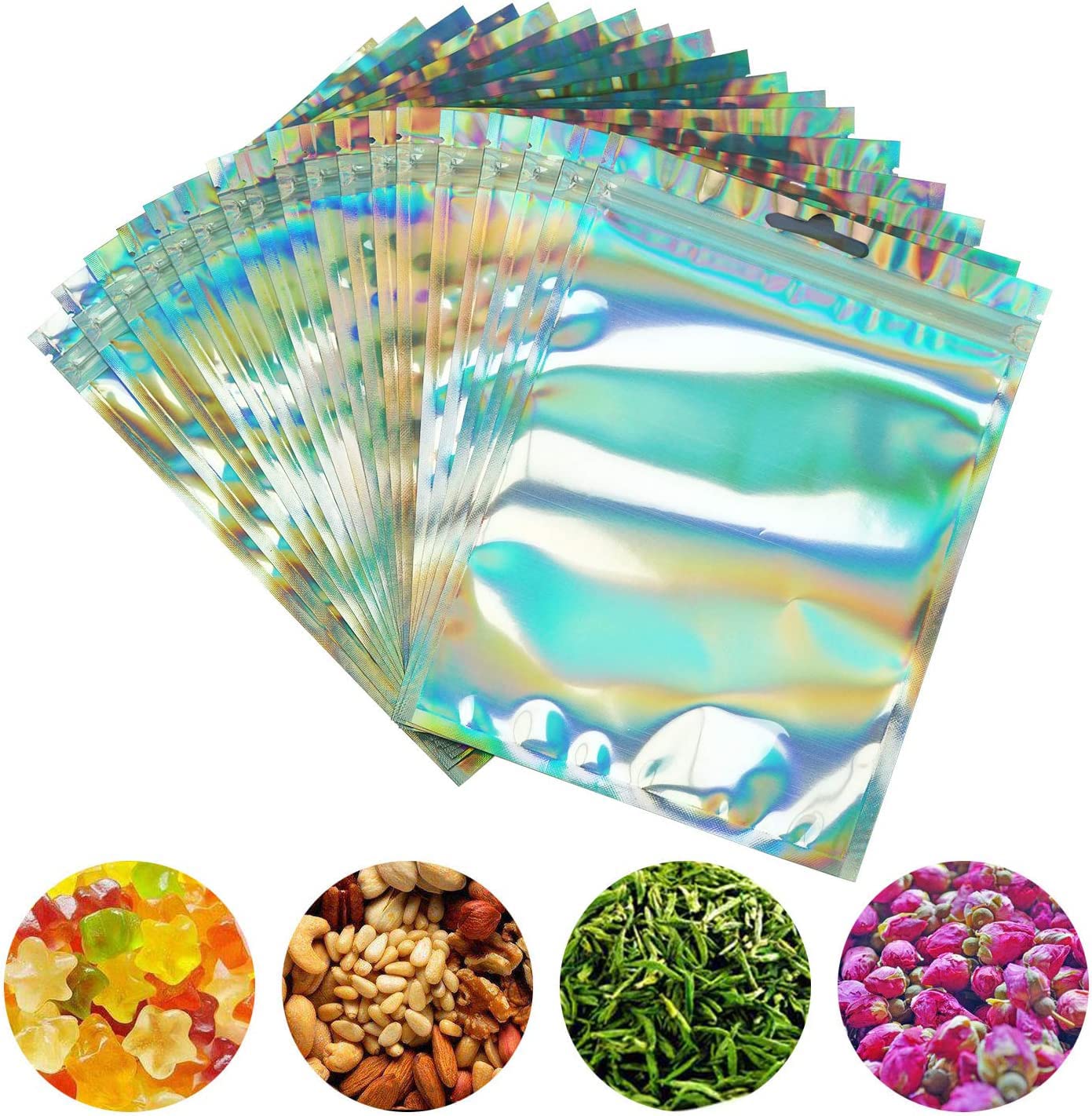 YukaBa 100-Pack Smell Proof Mylar Bags (5.79x8.66 Inch) - Resealable Clear Zip Lock Storage Bags for Food, Candy & Herbs | Holographic Rainbow Design | Perfect for Travel, Camping & Home Organization