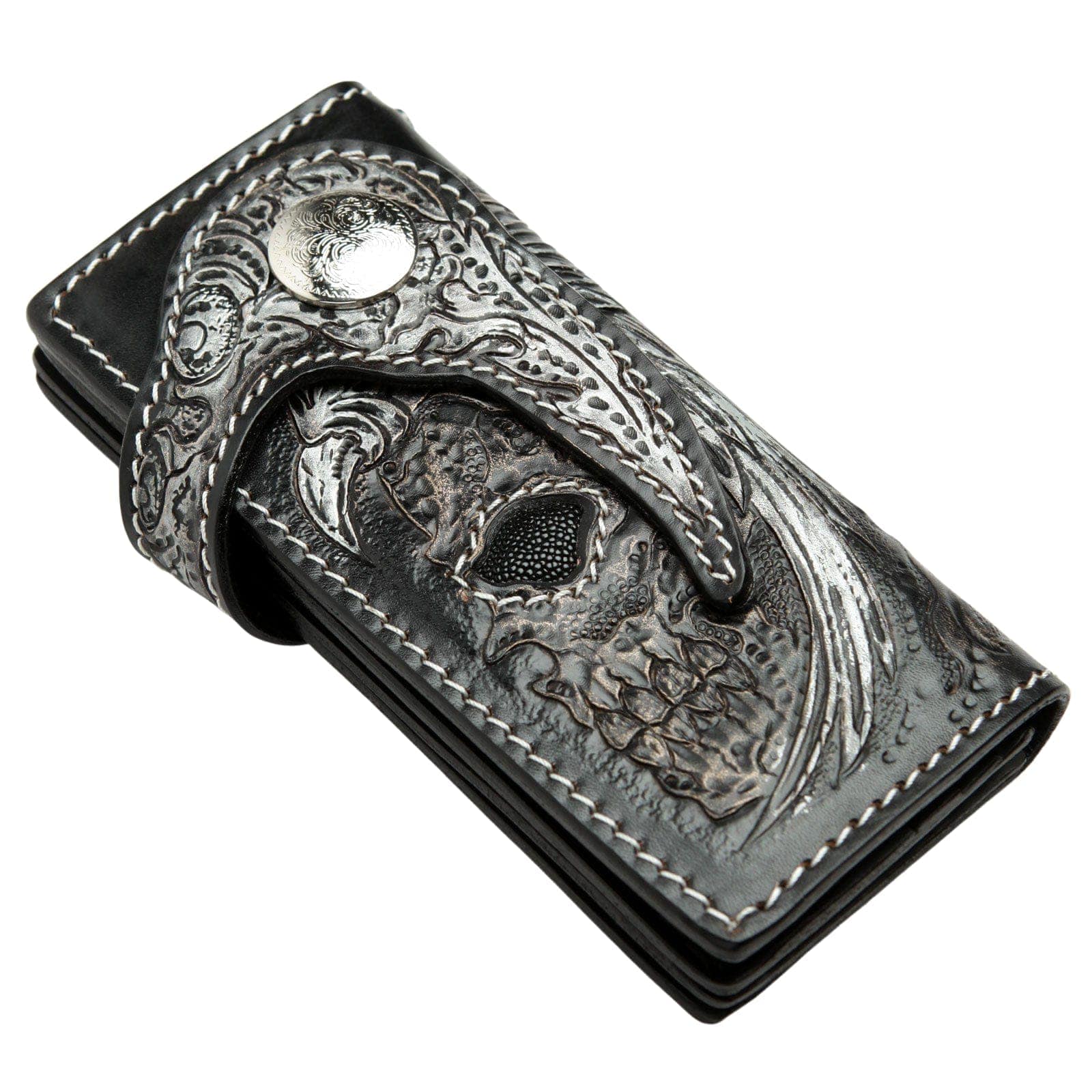 Genuine Leather Biker Wallet with Harley Indian Skull Design - Long Chain Motorcycle Wallet for Men - Perfect for Biker Rides, Motorcycle Shows & Everyday Use