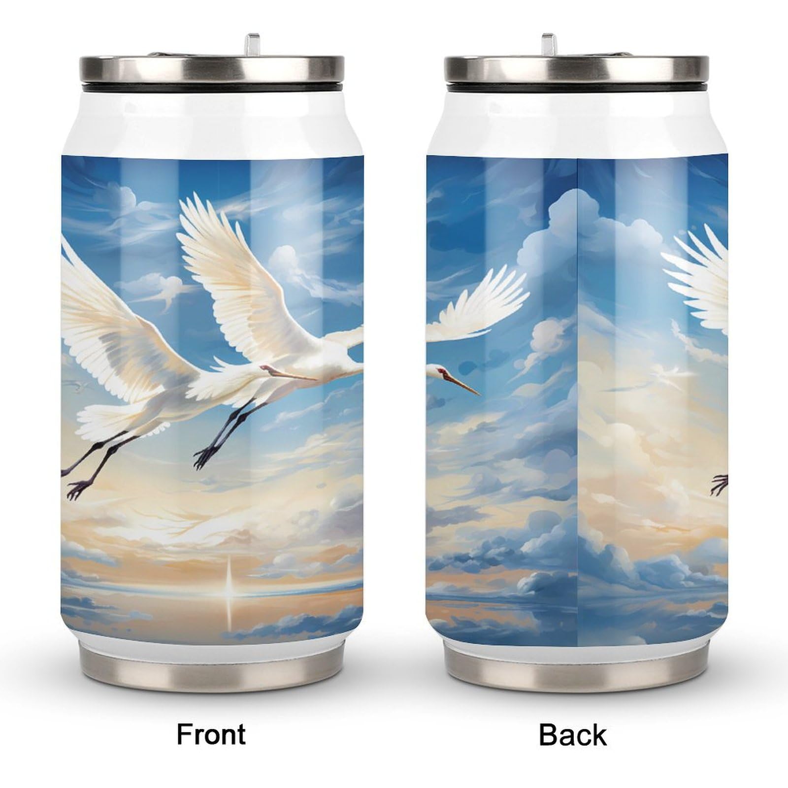 Stainless Steel Insulated Tumbler with Flip Lid - Cranes Birds Flying Sky Travel Design - Hot/Cold Coffee Mug for Home, Office & Outdoor Use - Perfect for Camping, Commuting and Gifts