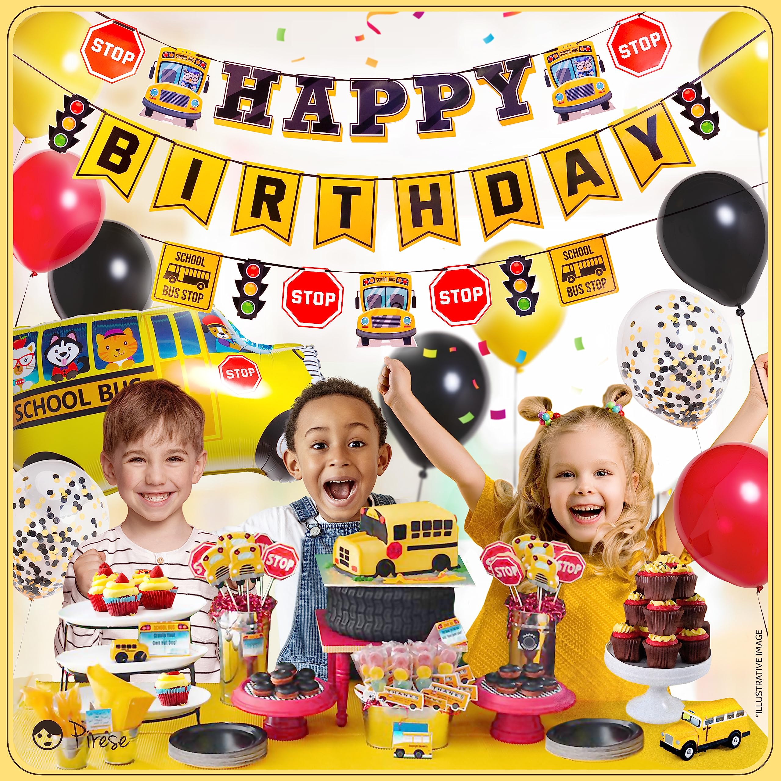 Pirese Wheels on The Bus Birthday Decorations - School Bus Party Supplies for Kids Birthday, Classroom Theme & Bus-Themed Events | School Bus Banner, Backdrop & Party Decor | Perfect for School Bus Birthday Parties, Baby Showers & Classroom Celebrations