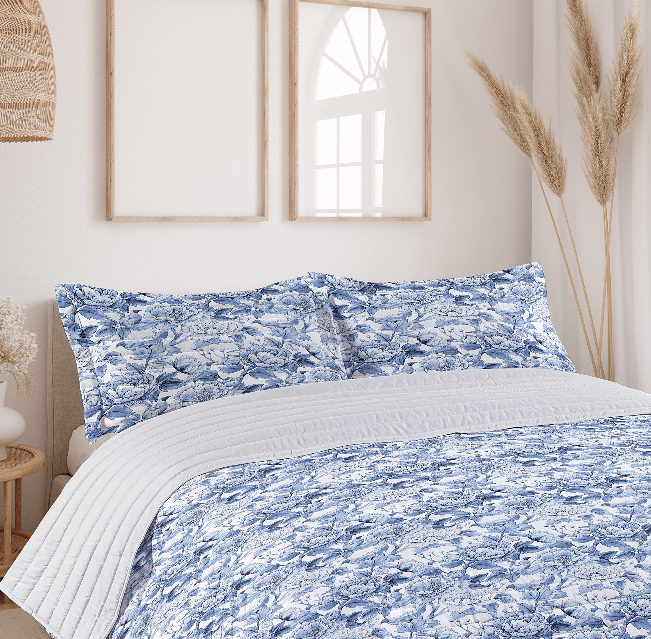 Ambesonne King Size Floral Microfiber Bedspread Set - Pastel Blue and White Blooming Peonies & Birds Design - Soft Comforter with Pillow Shams - Perfect for Spring Bedroom Decor, Guest Room Makeover & Cozy Home Styling