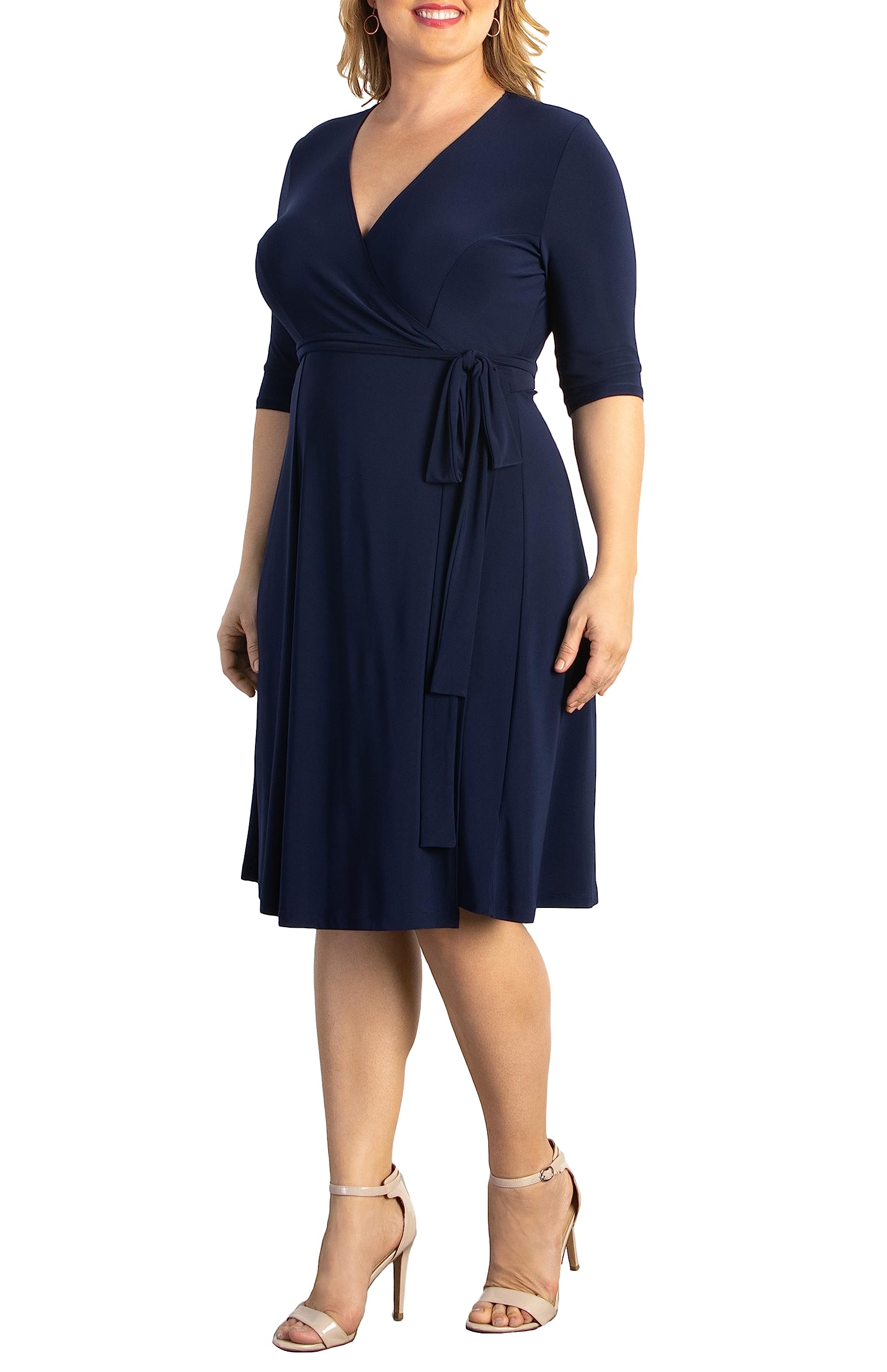 Kiyonna Women's Plus Size Essential Midi Wrap Dress with Sleeves - Flattering Casual & Formal Outfit for Cocktail Parties, Weddings, Office Work & Special Occasions