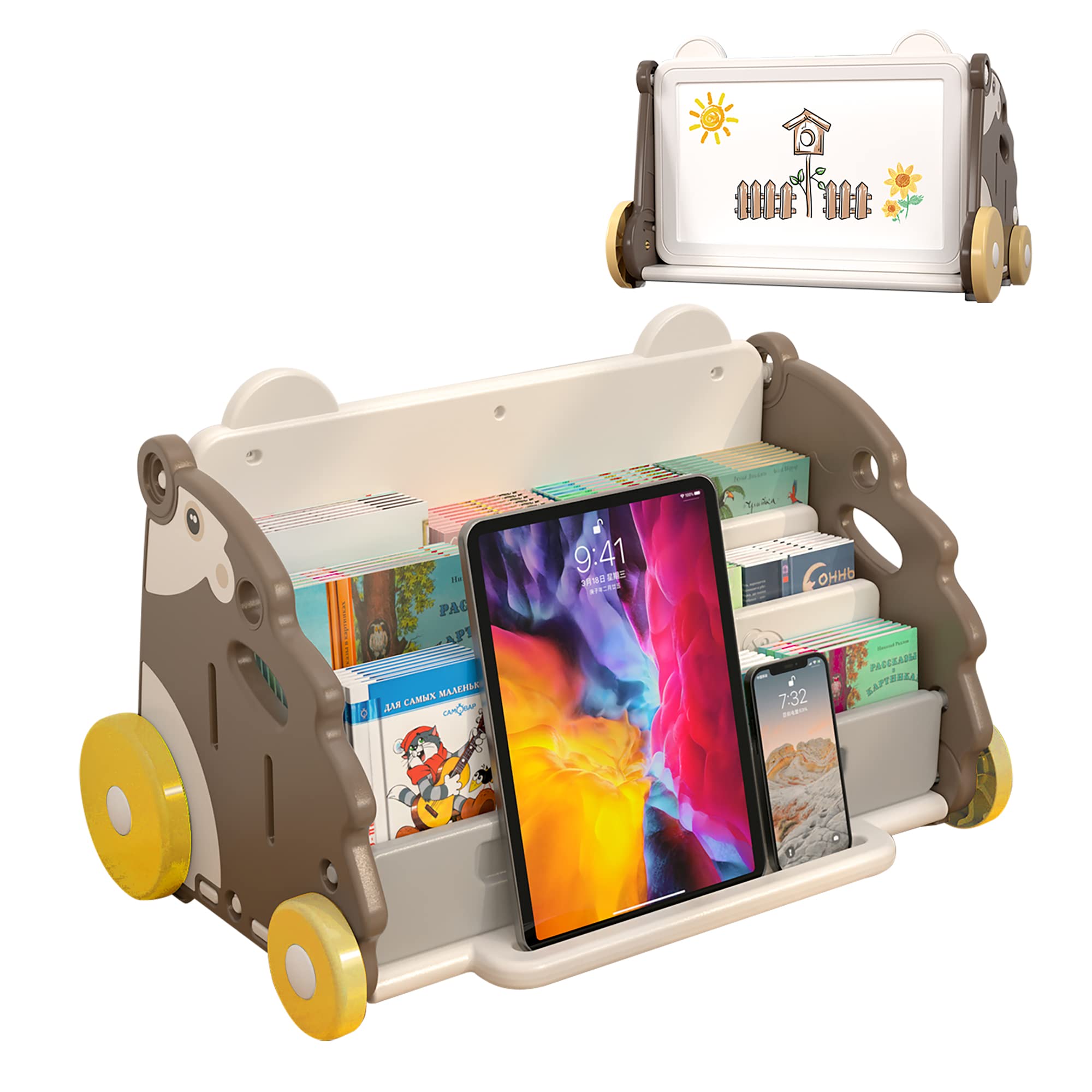 Idikid 3-Tier Kids Bookshelf with Doodle Board & Storage Basket - Wooden Bookcase Organizer for Toddler Bedroom, Playroom, Homeschool, Nursery & Kindergarten - Perfect for Reading Nook, Toy Storage & Learning Space (Brown)