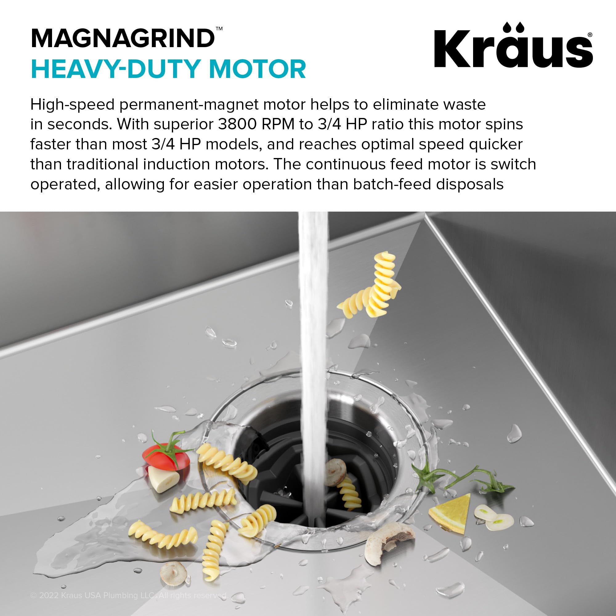 KRAUS WasteGuard 3/4 HP High-Speed Continuous Feed Ultra-Quiet Garbage Disposal with Power Cord & Universal Mount - Perfect for Kitchen Sink Waste Disposal (Model KWD210-75MGR)