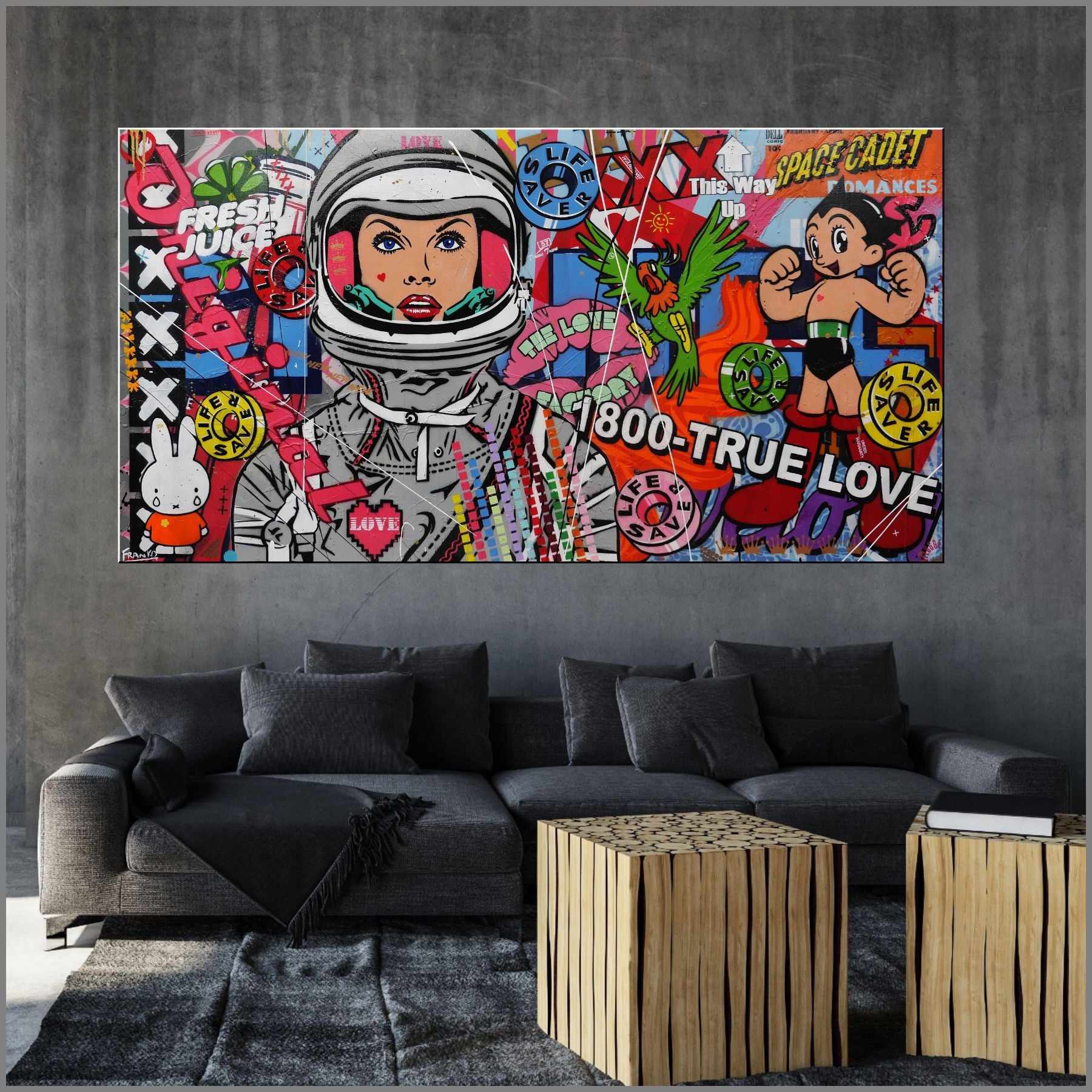 Space Cadet Textured Urban Pop Art Painting - 190cm x 100cm Modern Canvas Wall Art for Living Room, Bedroom & Office Decor | The Romance Continues Series