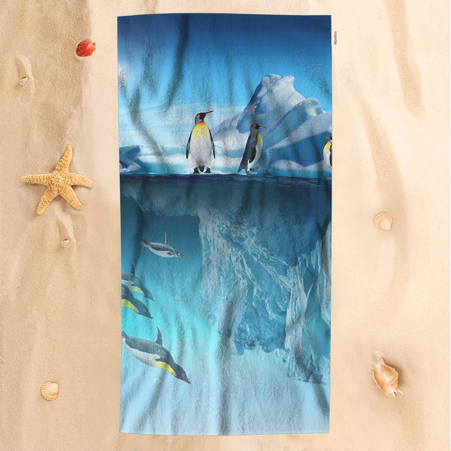 Soft Microfiber Penguin Bath Towel 32x64 Inch - Cute Antarctic Animal Design with Iceberg & Ocean Sunlight Pattern - Absorbent Quick-Dry Beach & Bath Towel for Kids, Baby, Bathroom, Pool, Travel