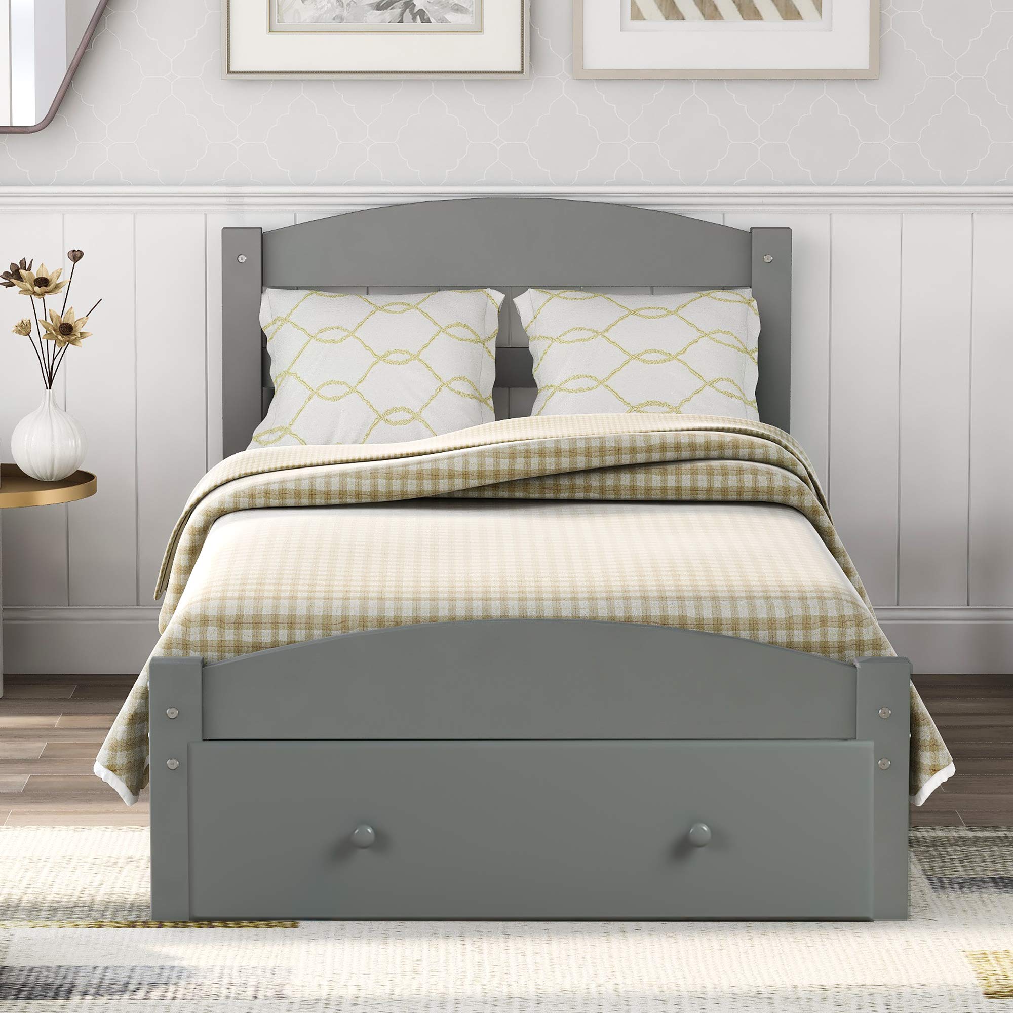 Merax Twin Size Wooden Bed Frame with Headboard & Hidden Storage Drawer - Sturdy Platform Bed for Kids & Teens (Grey) | Perfect for Small Bedrooms, Guest Rooms & Dormitories