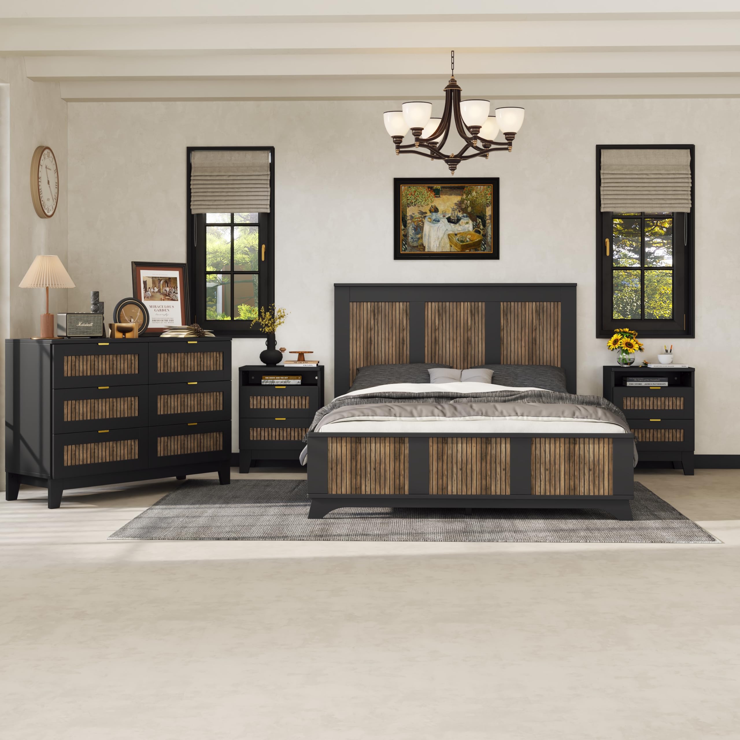 Farmhouse Queen Size Bedroom Set - 4-Piece Platform Bed with Wooden Strip Design, 2 Storage Nightstands & Dresser with Metal Handles, Black - Perfect for Rustic, Modern Farmhouse, or Industrial Style Bedrooms