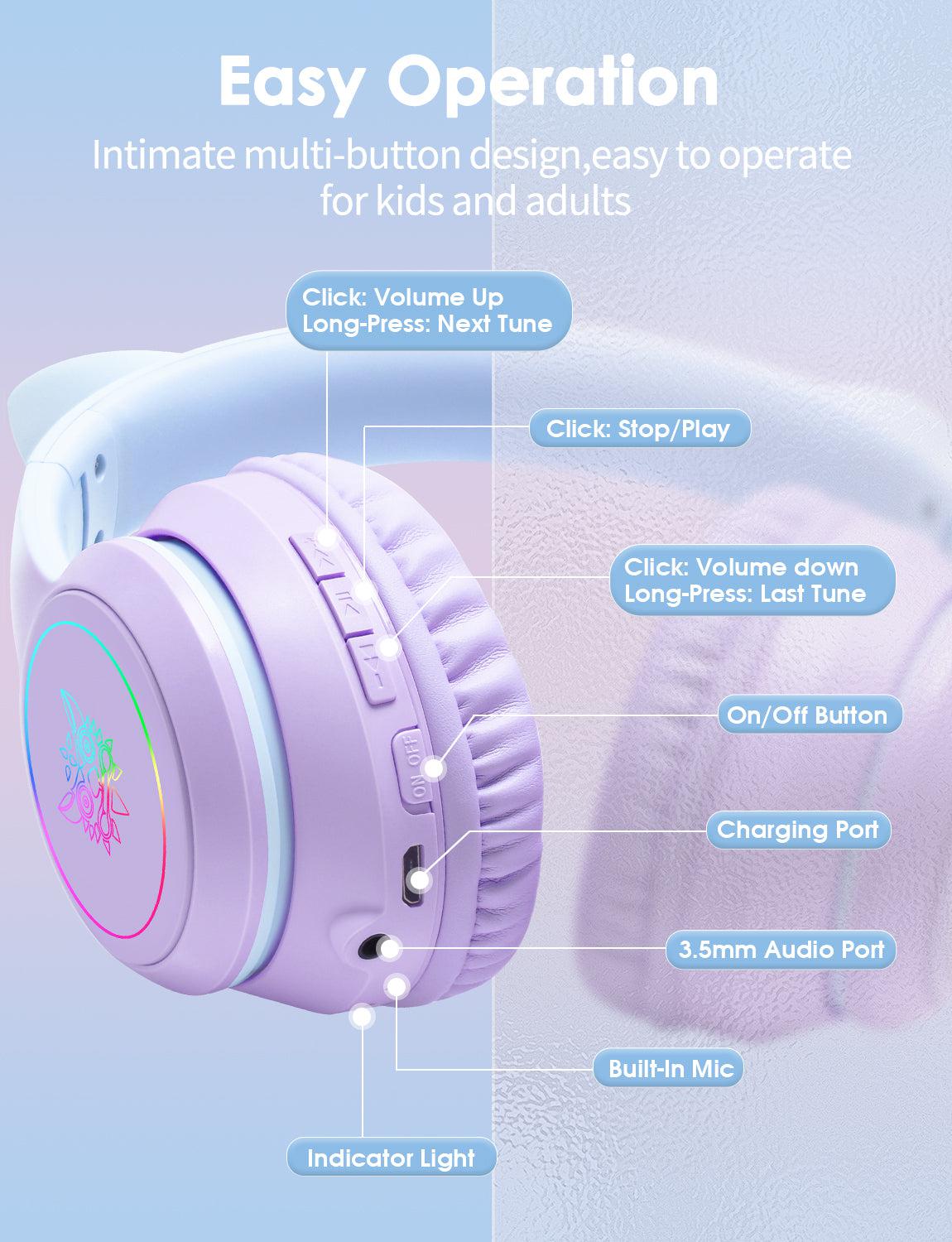 Onikuma B90 RGB Cat Ear Bluetooth 5.0 Wireless Gaming Headset with Microphone - Lightweight Over-Ear Headphones for PC, PS4, Xbox, Mobile Gaming - Perfect for Streaming, Esports & Late-Night Gaming Sessions
