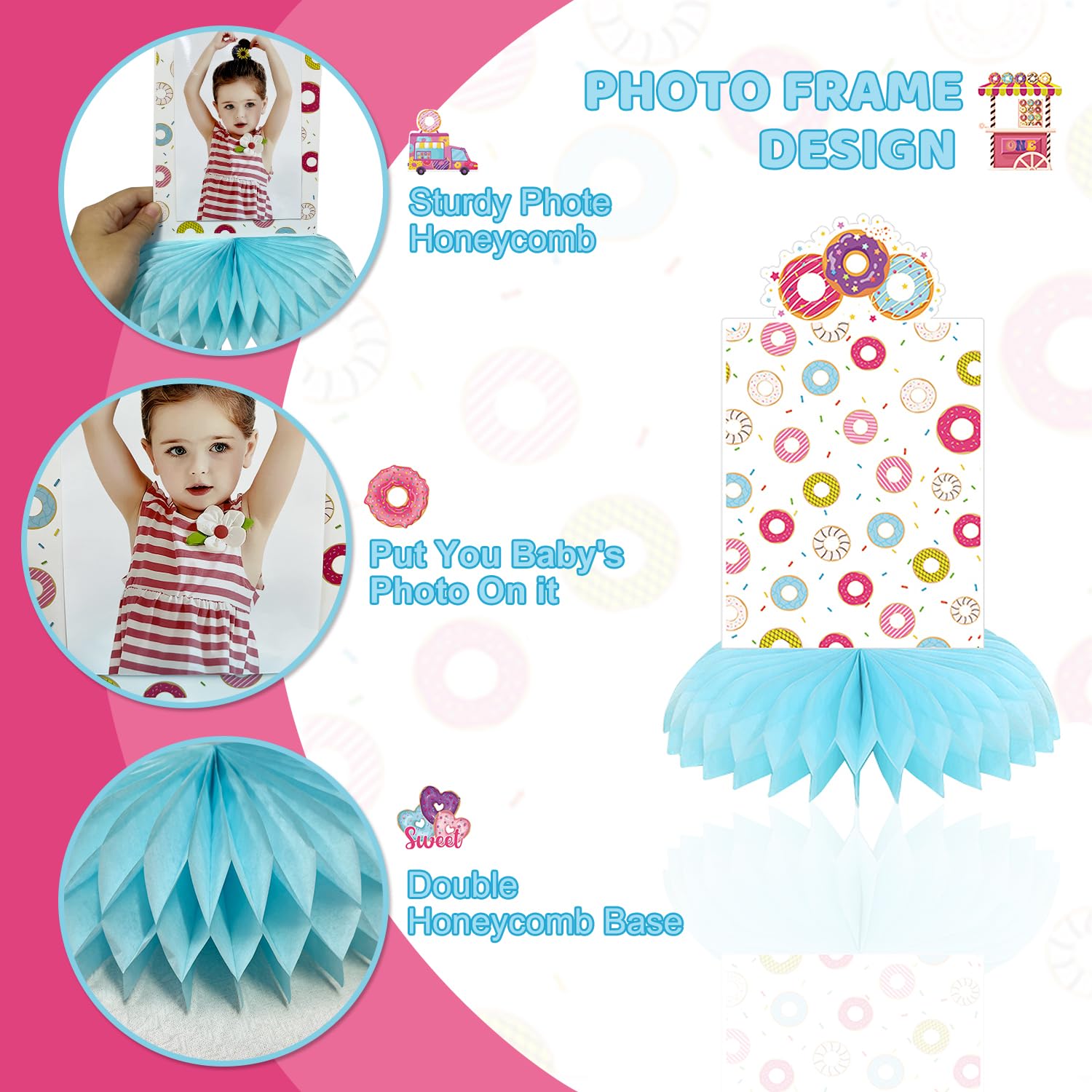Sweet One Birthday Party Decorations Set - Honeycomb Donut Centerpieces for Tables, First Birthday Photo Backdrop & Party Supplies - Perfect for Girls' 1st Birthday, Baby Shower & Dessert-Themed Celebrations