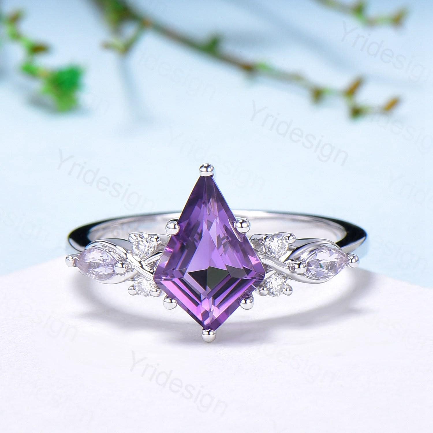 1.5CT Kite Cut Amethyst Engagement Ring Set for Women - Marquise Lavender Amethyst Wedding Band with Opal Leaf Stacking Ring - Birthstone Jewelry for Anniversary, Proposal & Special Occasions