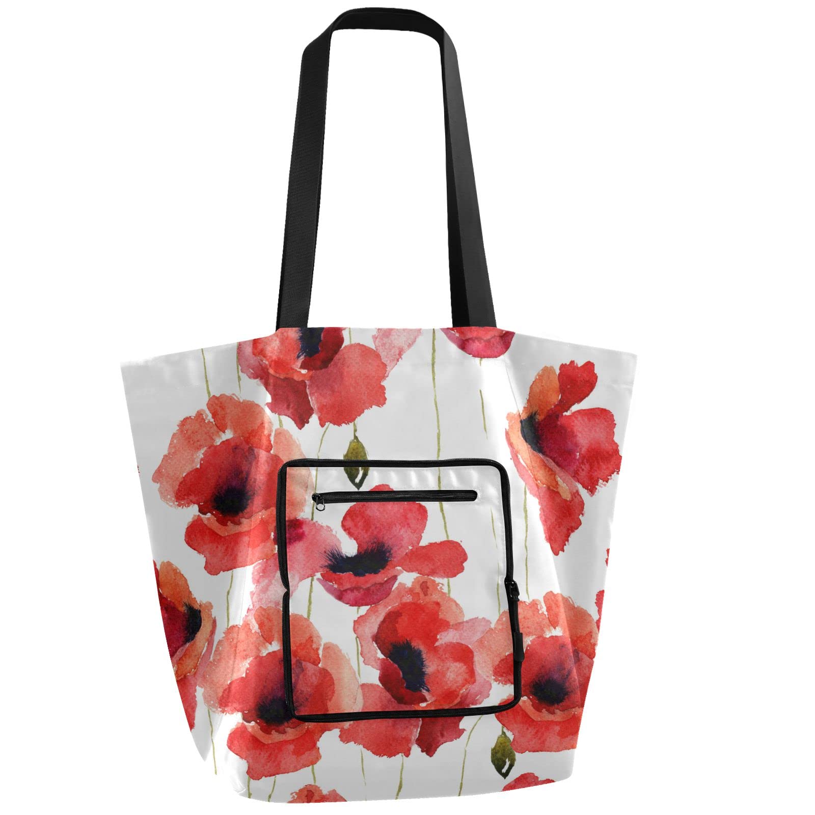 Stylish Reusable Grocery Bags with Poppy Flower Print - Foldable Heavy Duty Polyester Tote for Shopping, Storage & Recycling | Eco-Friendly & Durable with Sturdy Handles | Perfect for Groceries, Beach Trips, Picnics & Daily Errands