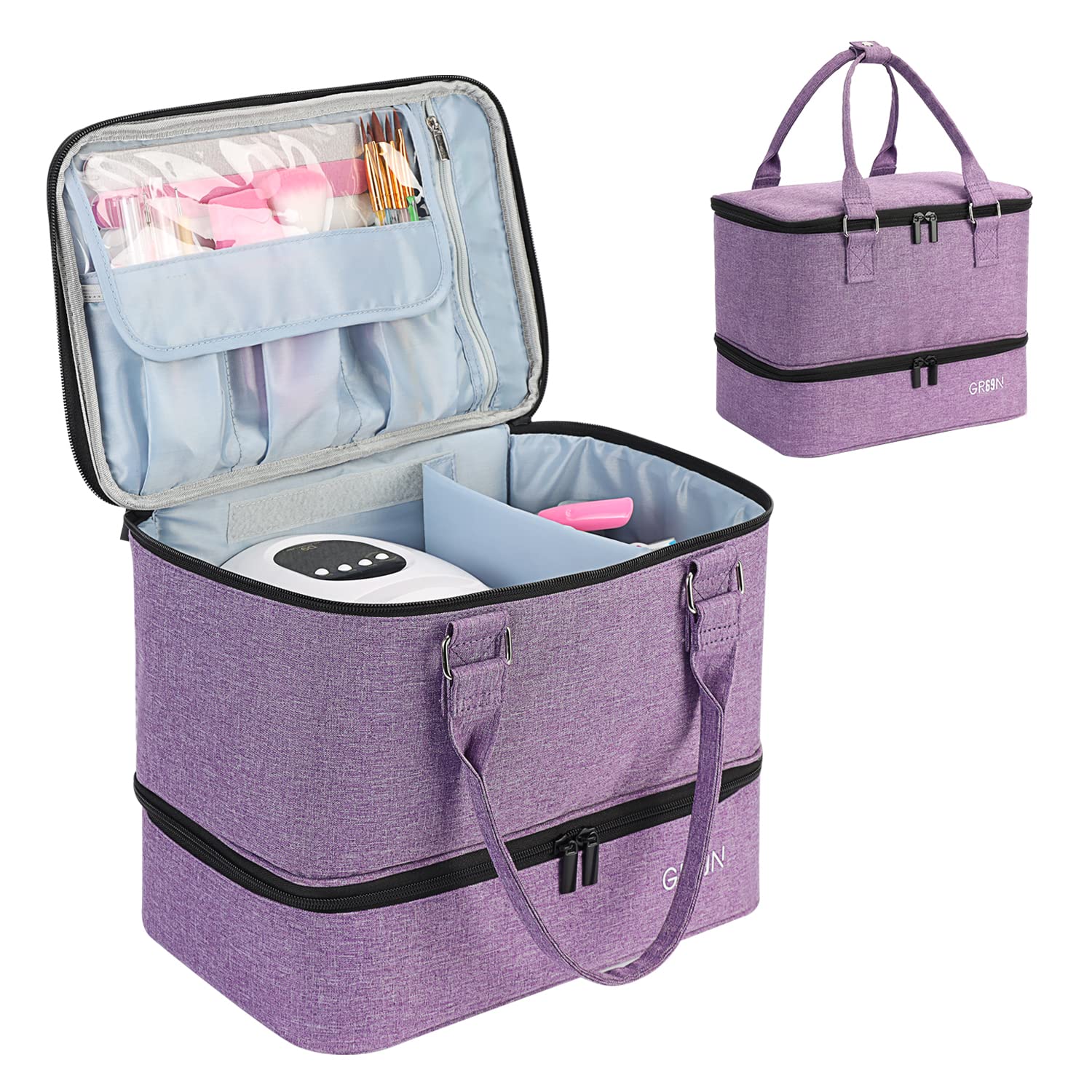 Double Layer Nail Polish Organizer Case with Nail Lamp Holder - Portable Storage for 40 Bottles & Nail Art Supplies - Perfect for Salon, Home & Travel Use - Purple