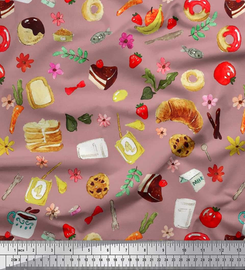 Soimoi 42 Inch Wide Pink Silk Fabric by The Yard - Fruits, Bread & Donut Printed Textile for Dresses, Scarves & DIY Crafts - Fresh Colorful Food Pattern Material for Fashion Sewing Projects