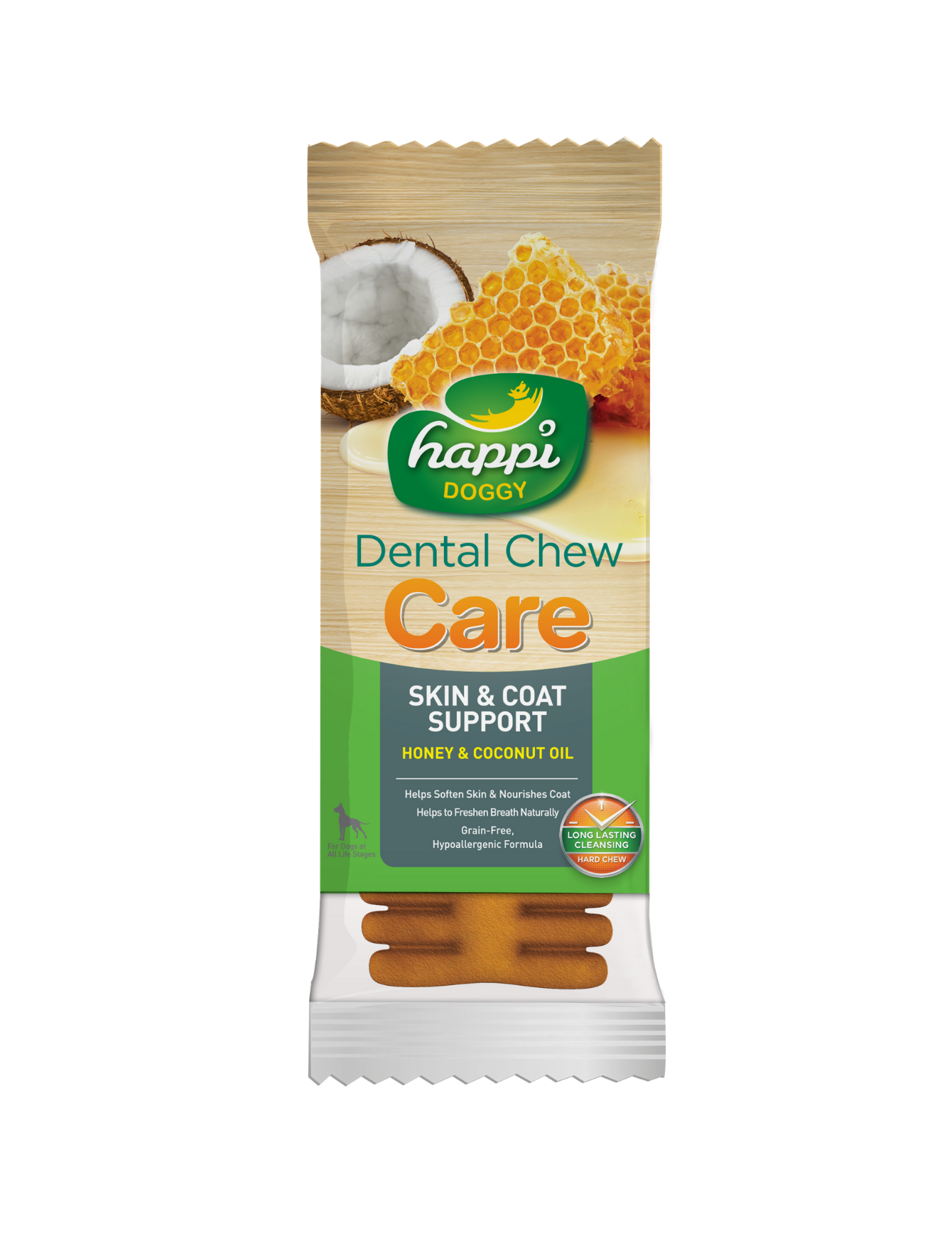Happi Doggy Dental Chew for Dogs - Natural Honey & Coconut Oil Flavor, 4 Inch Dental Treats for Teeth Cleaning & Fresh Breath | Supports Skin & Coat Health | Perfect for Daily Oral Care & Training Rewards