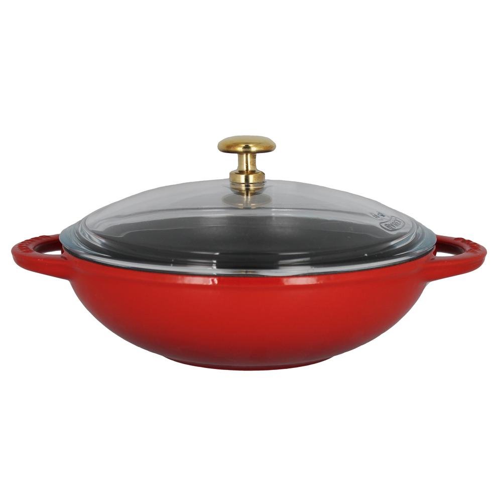 Premium 7-inch French Enameled Cast Iron Wok with Glass Lid - Red | Professional-Grade Cookware for Stir-Frying, Sautéing & Deep Frying | Perfect for Home Chefs & Asian Cuisine Lovers
