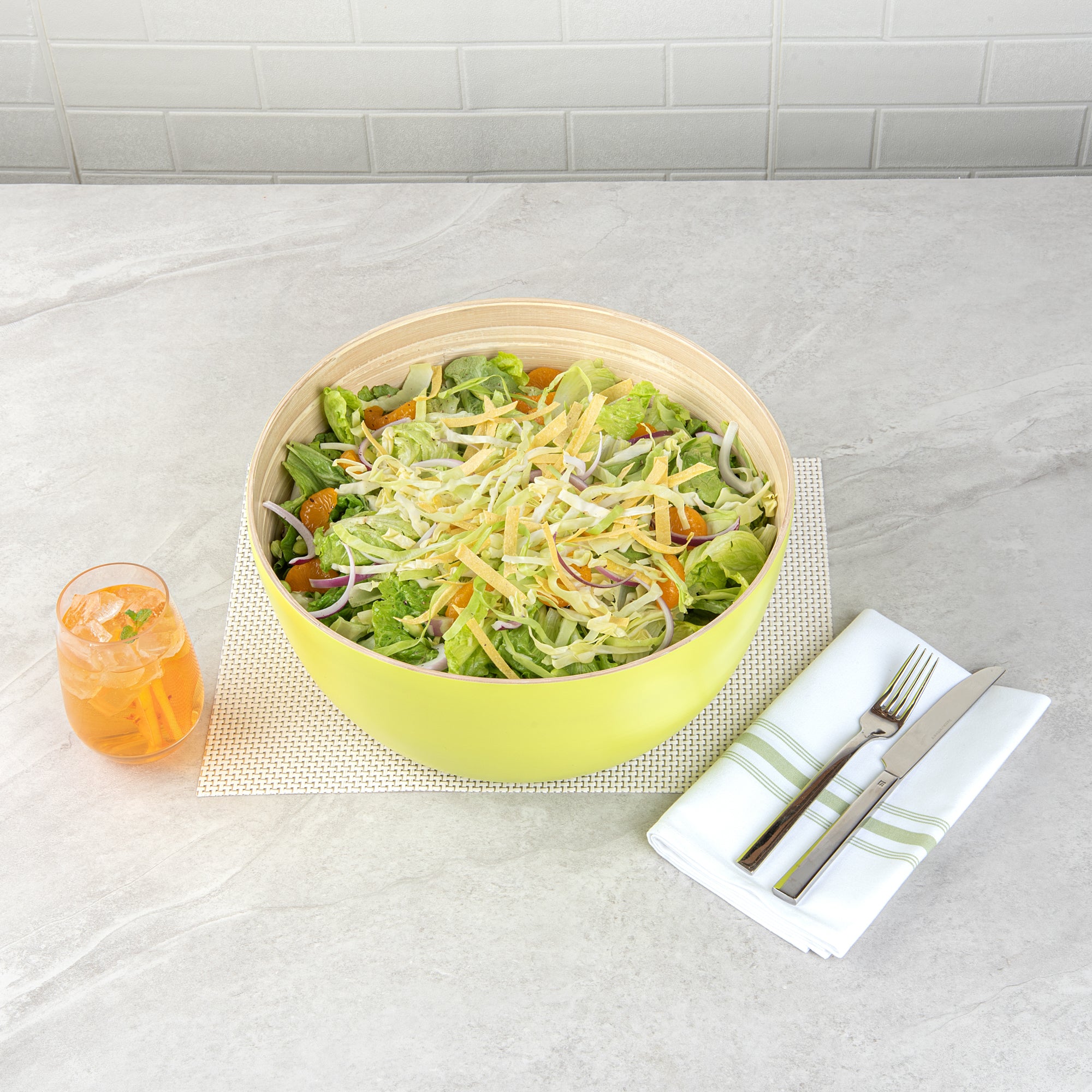 Bambuddha 51 oz Large Round Green Spun Bamboo Salad Bowl - 13.5