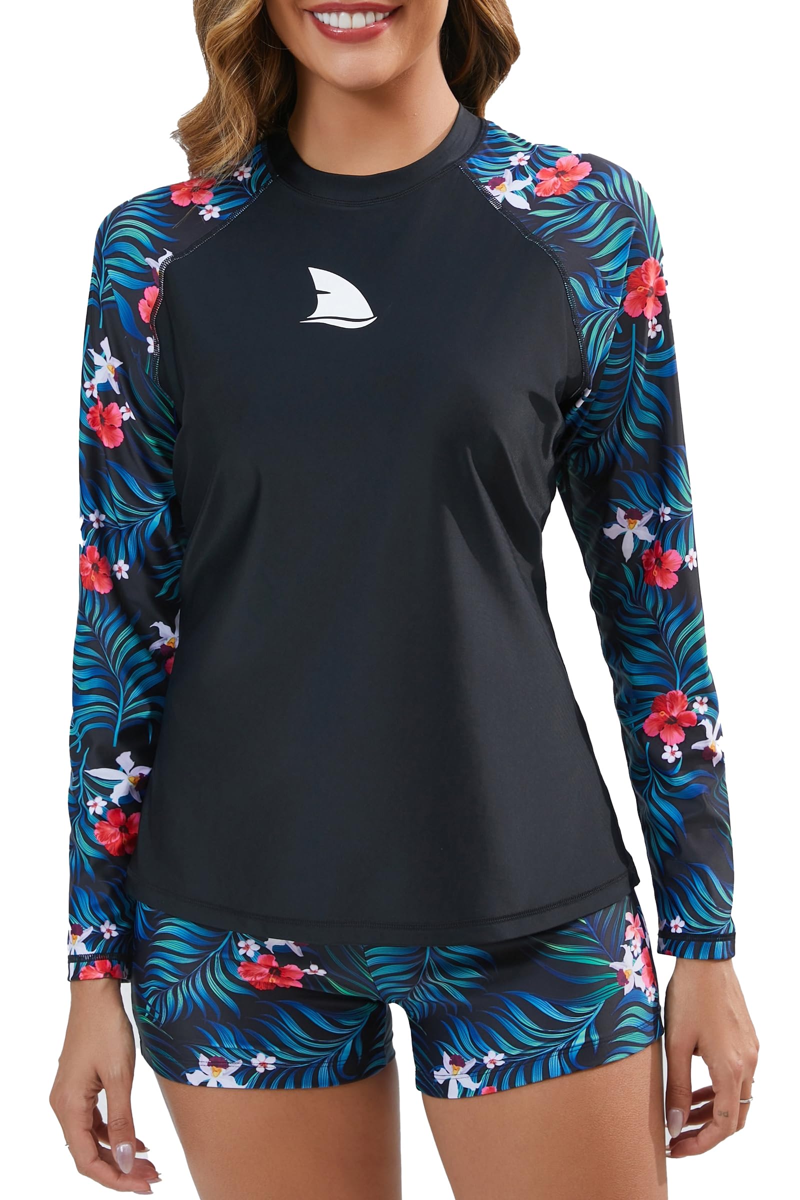 Women's UPF50+ Long Sleeve Rash Guard Swimwear Set with Built-in Bra - 2 Piece Swim Shirt & Shorts for Surfing, Swimming & Beach Activities